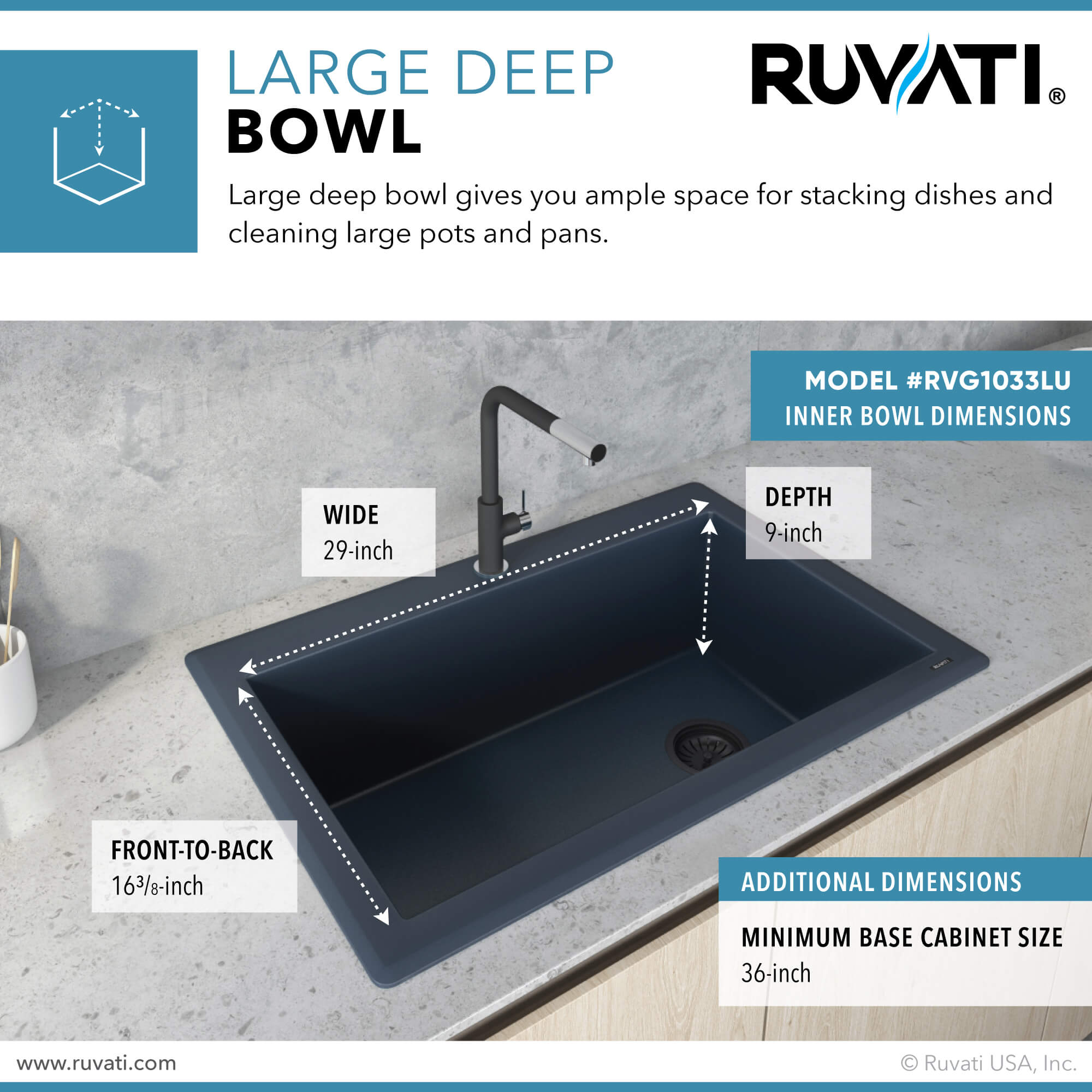 Alternate Image for Ruvati epiGranite 33" Drop-in Topmount Granite Composite Kitchen Sink, Catalina Blue, RVG1033LU