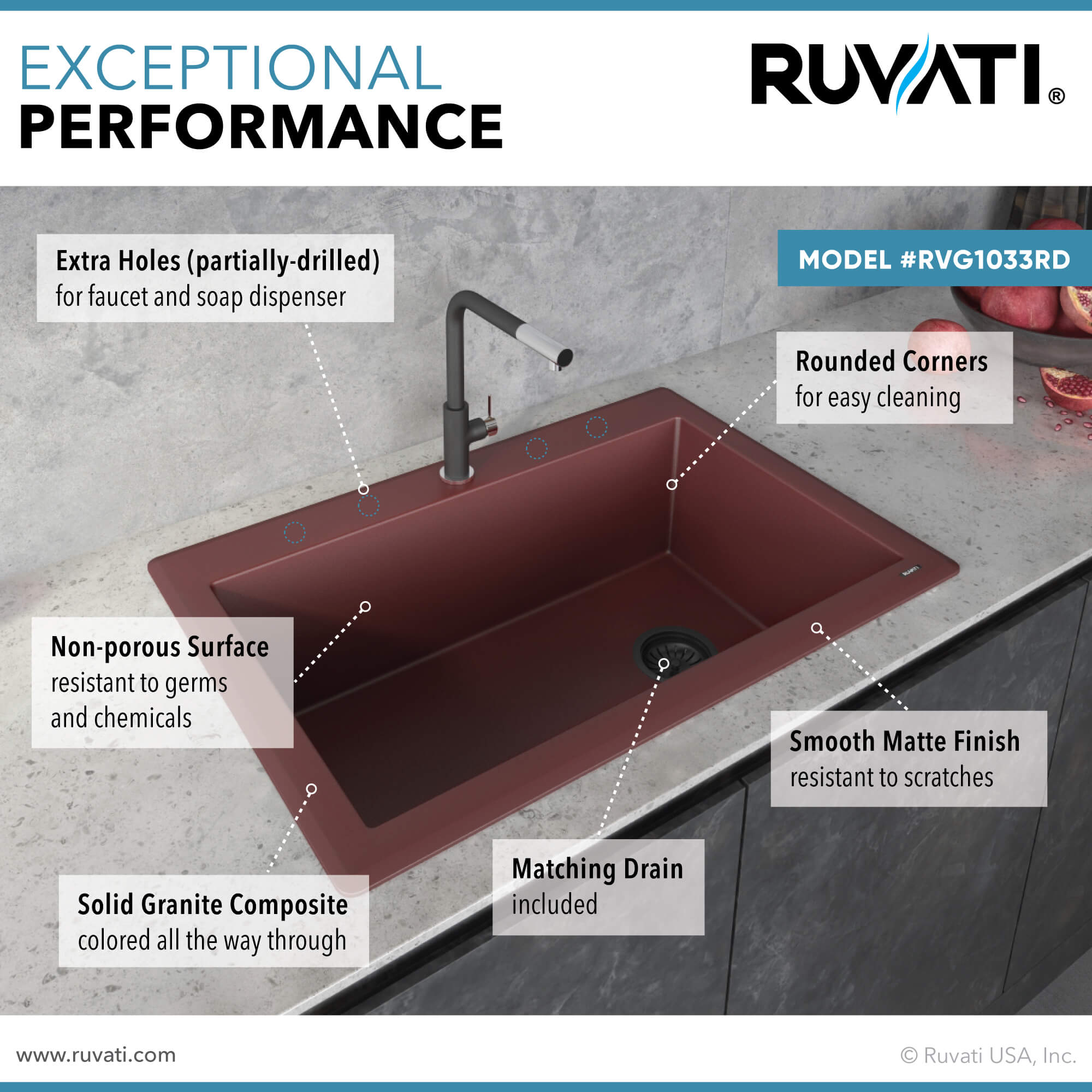 Alternate Image for Ruvati epiGranite 33" Drop-in Topmount Granite Composite Kitchen Sink, Carnelian Red, RVG1033RD