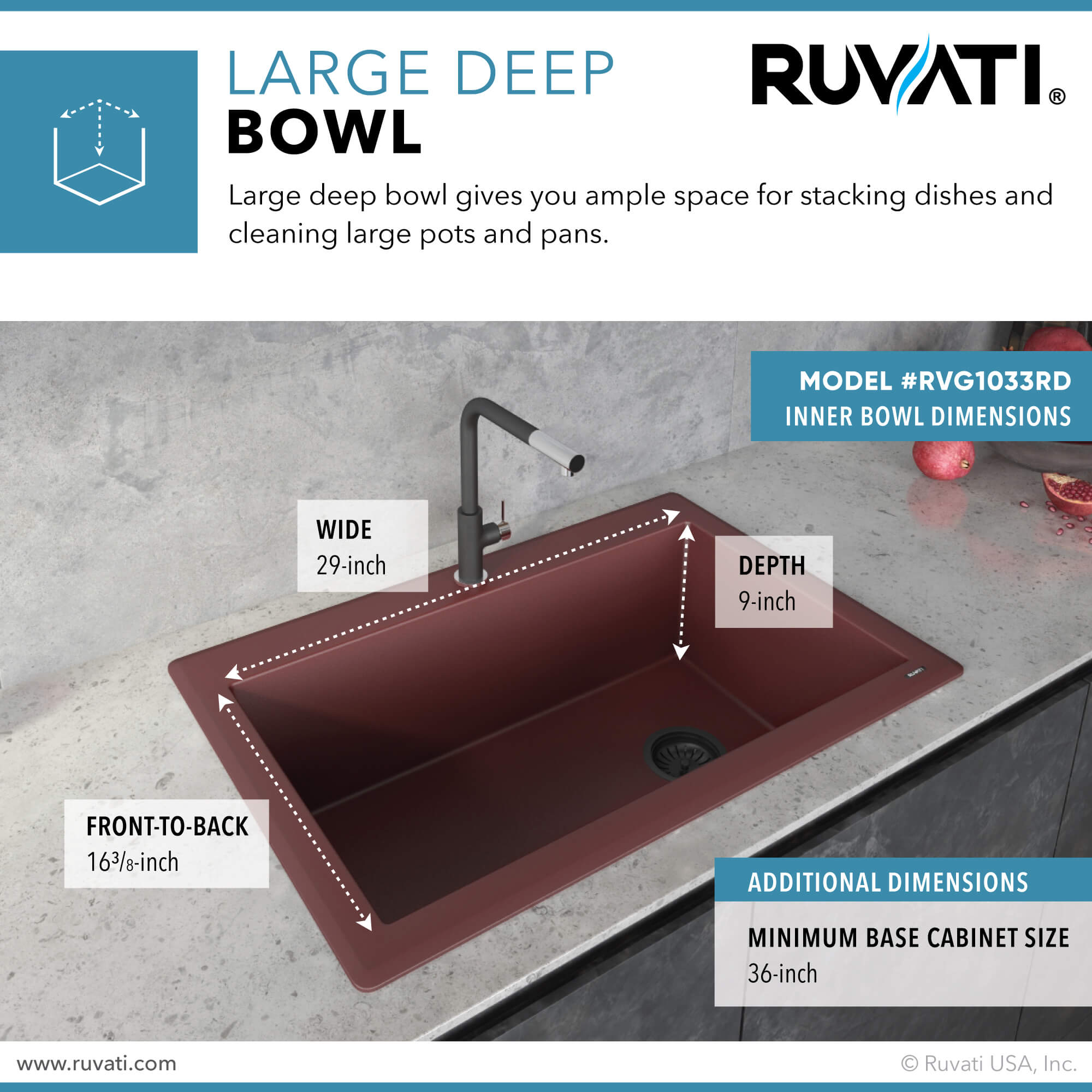 Alternate Image for Ruvati epiGranite 33" Drop-in Topmount Granite Composite Kitchen Sink, Carnelian Red, RVG1033RD
