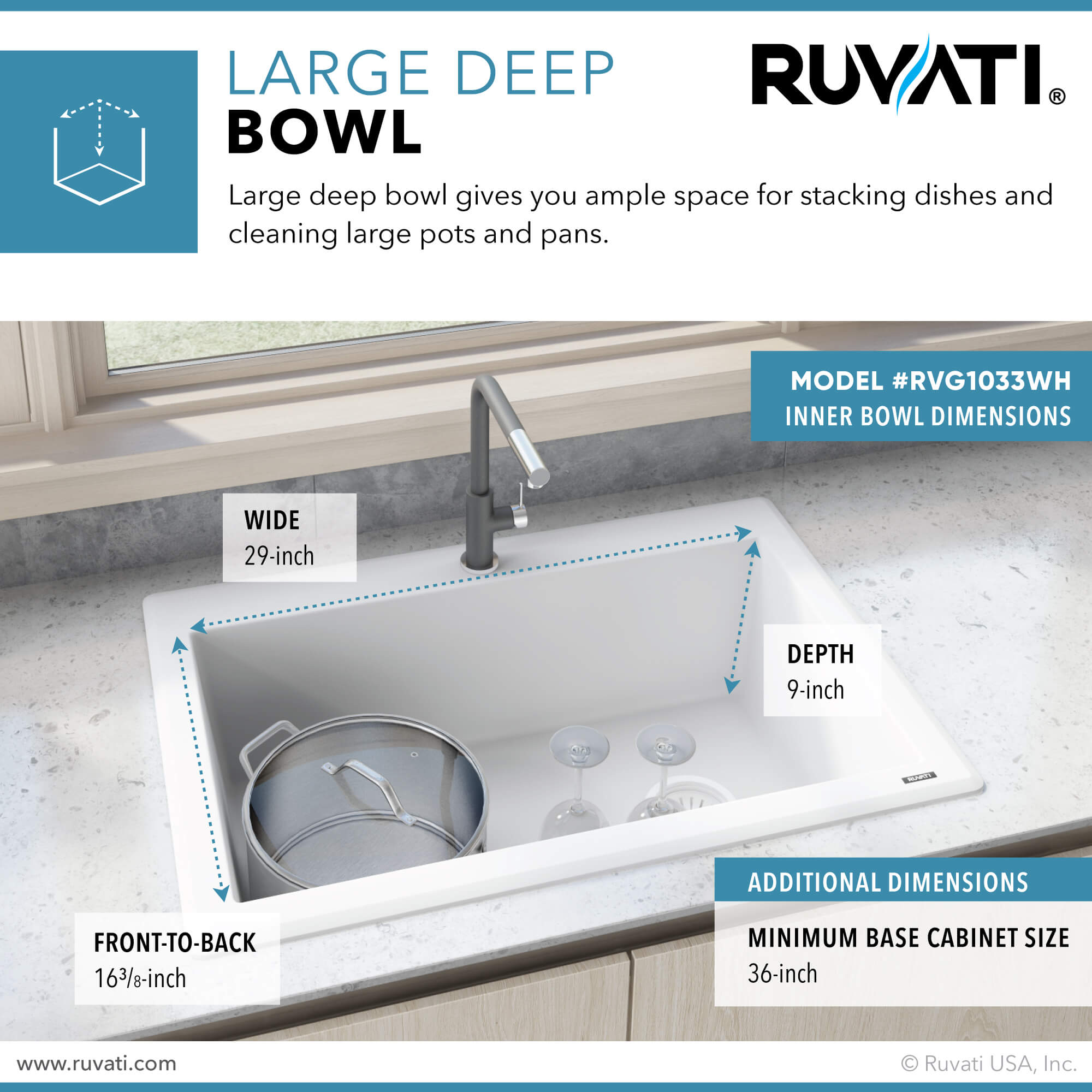 Alternate Image for Ruvati epiGranite 33" Drop-in Topmount Granite Composite Kitchen Sink, Arctic White, RVG1033WH