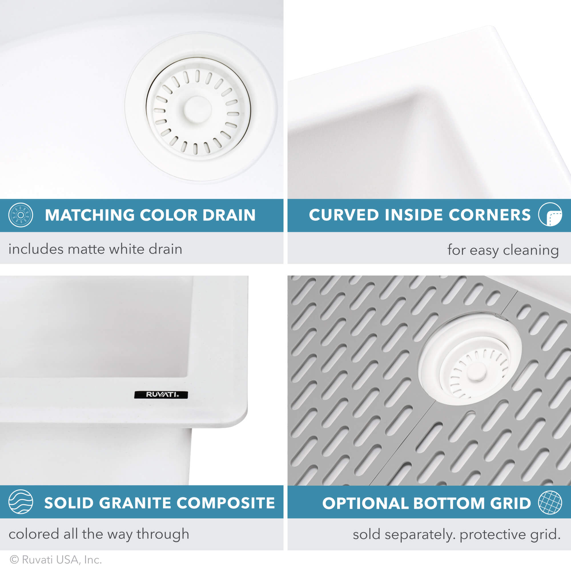 Alternate Image for Ruvati epiGranite 33" Drop-in Topmount Granite Composite Kitchen Sink, Arctic White, RVG1033WH