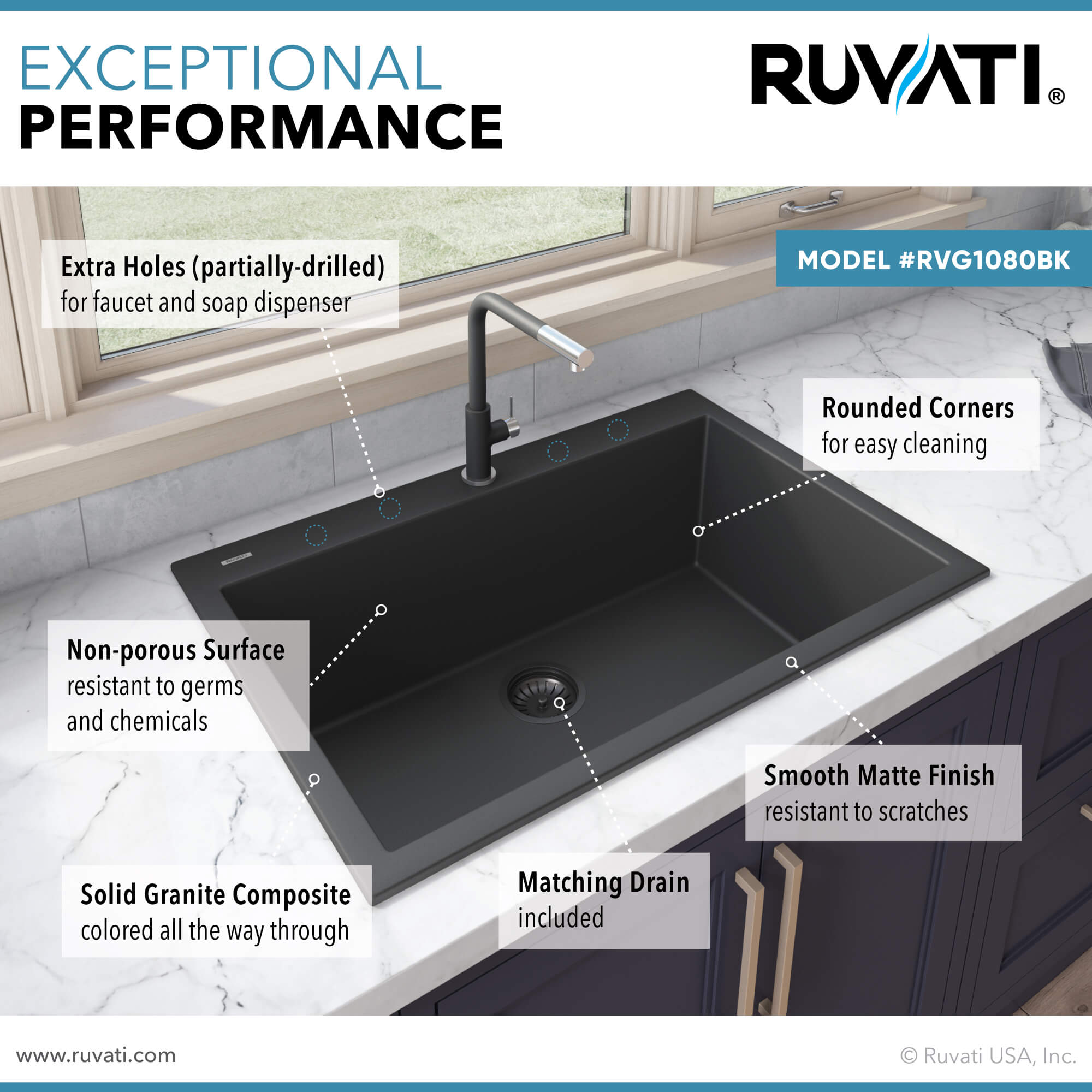 Alternate Image for Ruvati epiGranite 33" Drop-in Topmount Granite Composite Kitchen Sink, Midnight Black, RVG1080BK