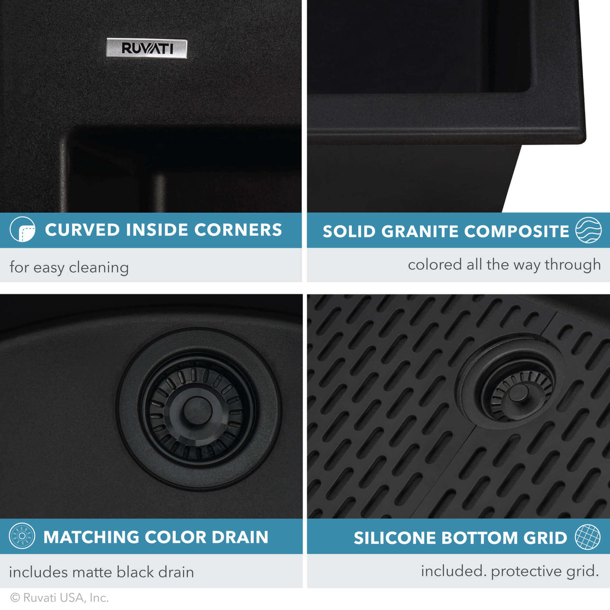 Alternate Image for Ruvati epiGranite 33" Drop-in Topmount Granite Composite Kitchen Sink, Midnight Black, RVG1080BK