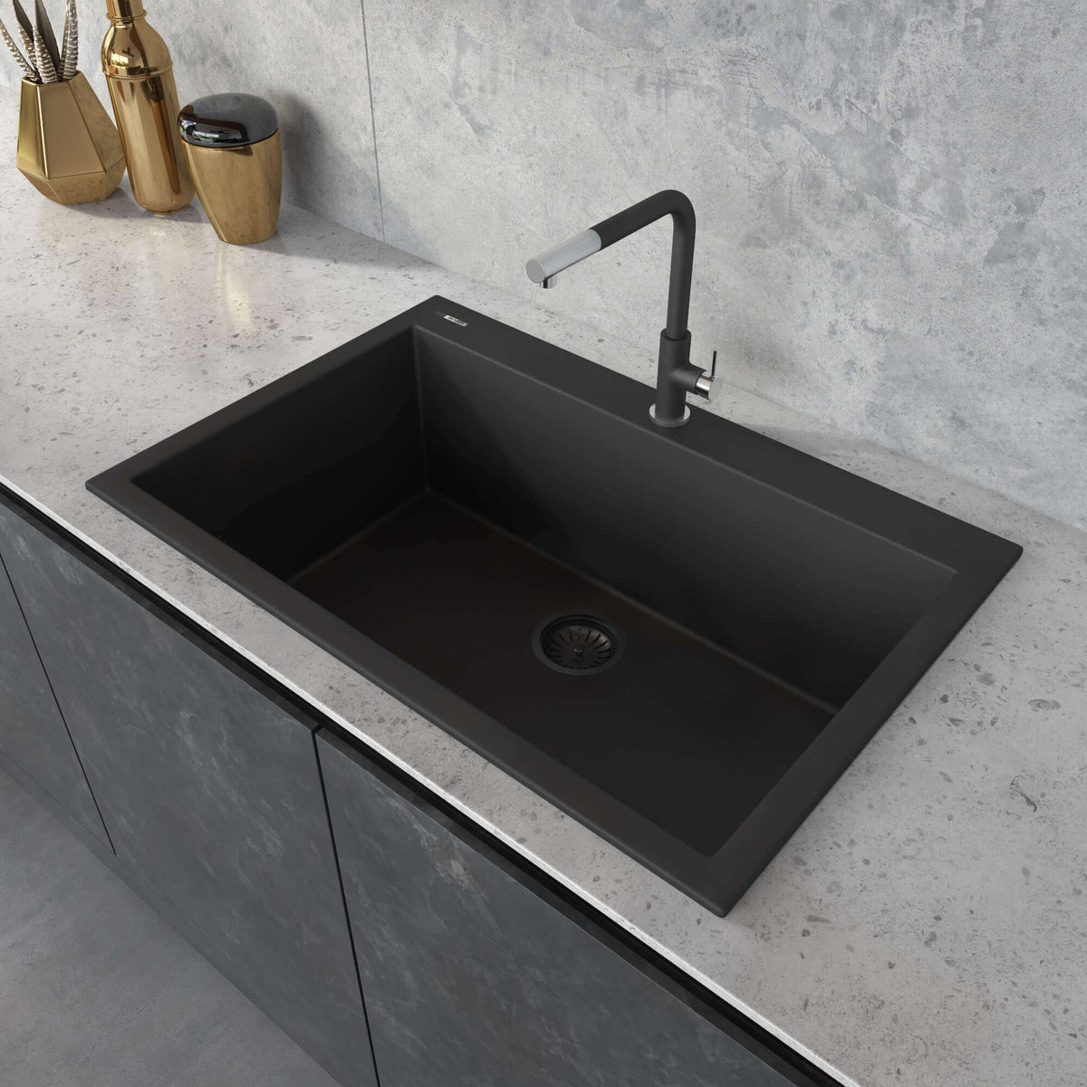 Alternate Image for Ruvati epiGranite 33" Drop-in Topmount Granite Composite Kitchen Sink, Midnight Black, RVG1080BK