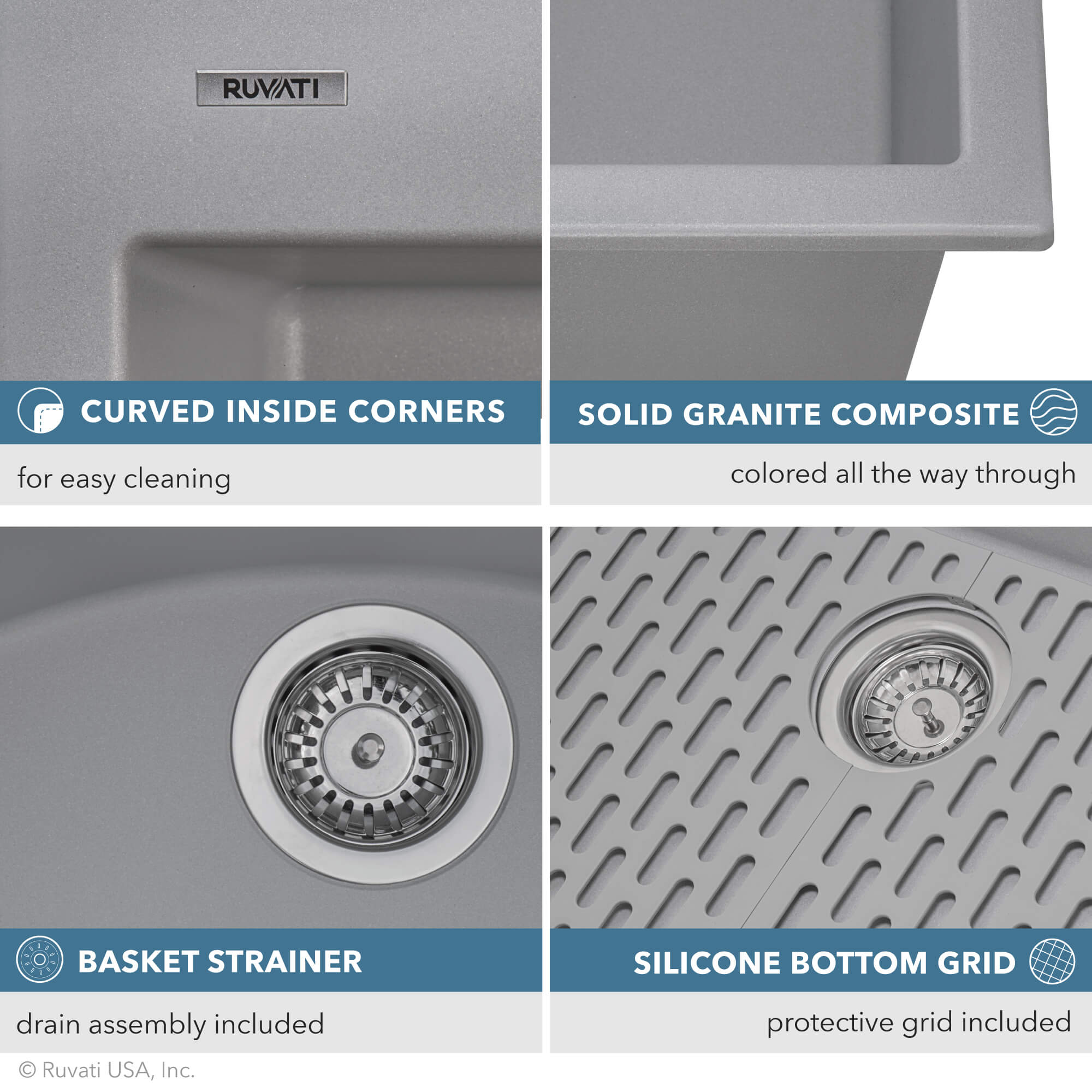 Alternate Image for Ruvati epiGranite 33" Drop-in Topmount Granite Composite Kitchen Sink, Silver Gray, RVG1080GR
