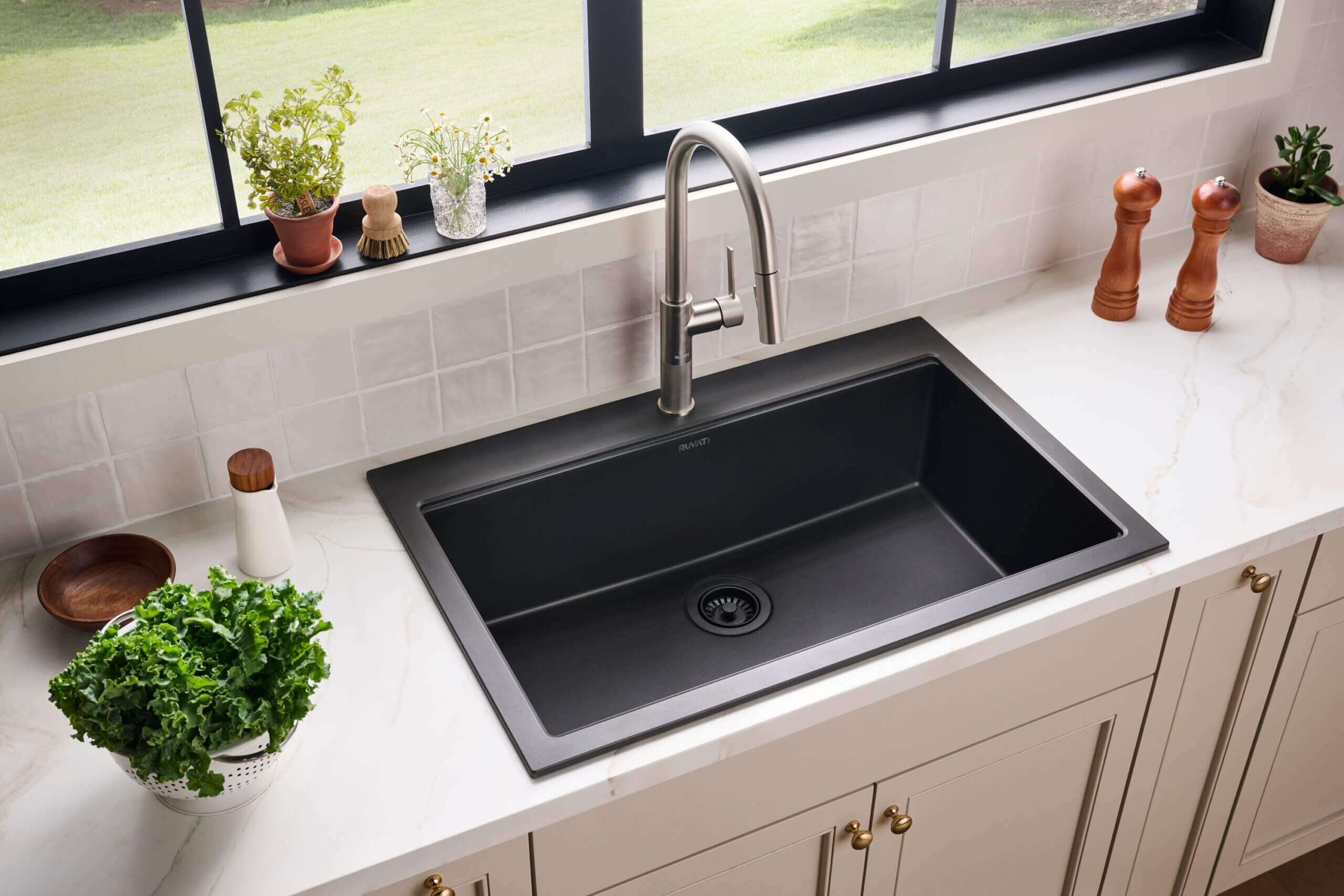 Ruvati epiGranite 33" Drop In Granite Composite Workstation Kitchen Sink, Midnight Black, RVG1083BK Product Image