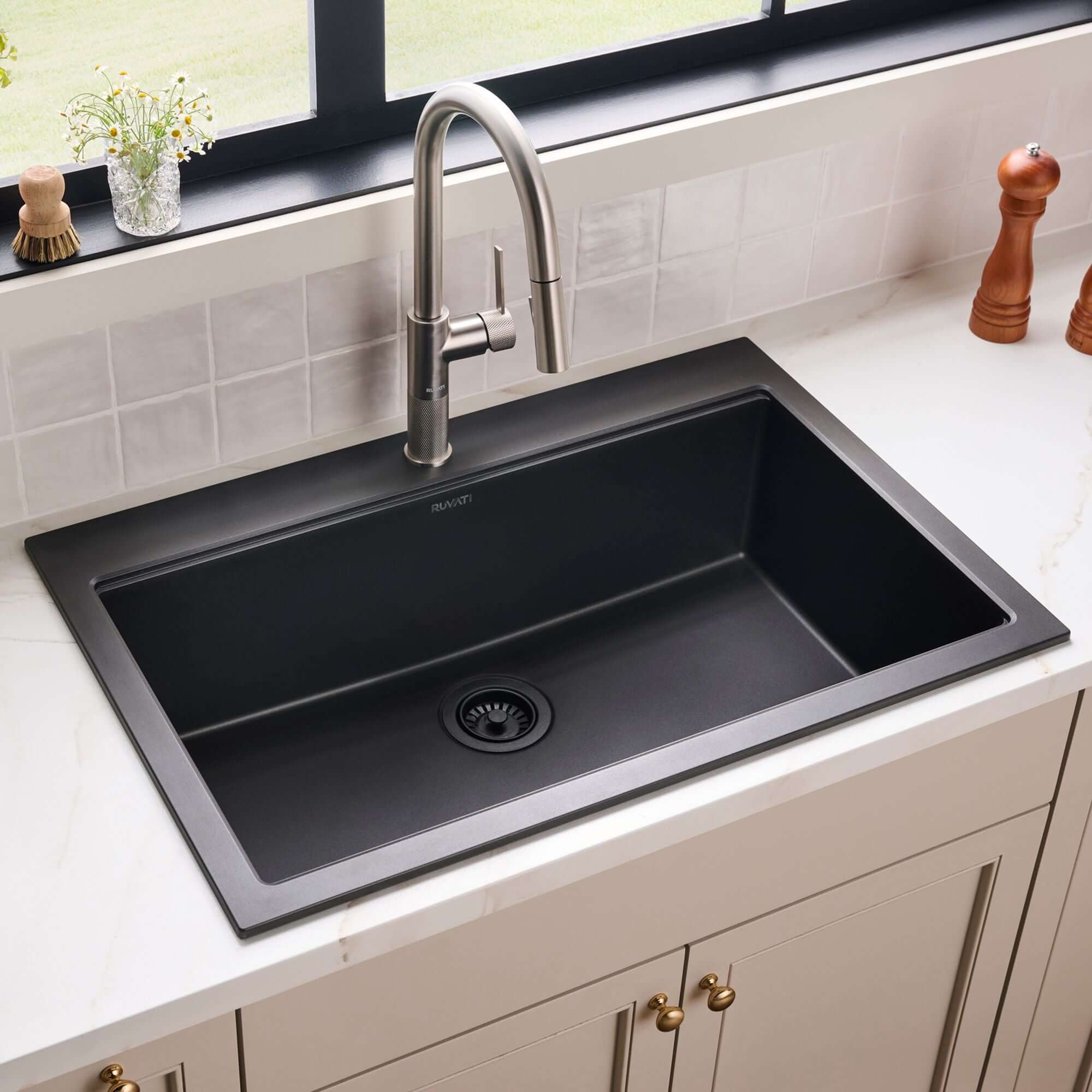 Ruvati epiGranite 33" Drop In Granite Composite Workstation Kitchen Sink, Midnight Black, RVG1083BK