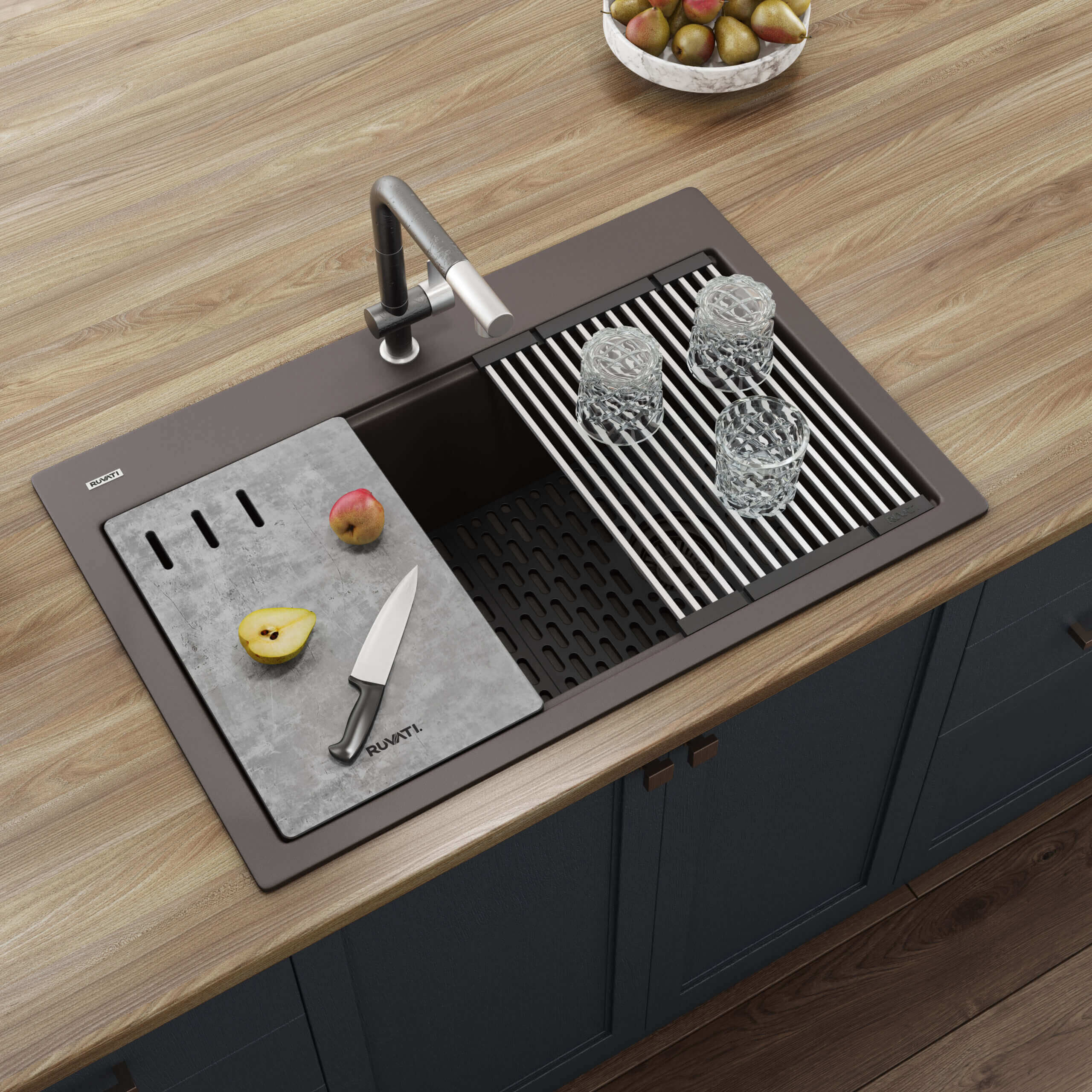 Alternate Image for Ruvati epiStage 33" Drop-in Topmount Granite Composite Workstation Kitchen Sink, Espresso, RVG1302ES