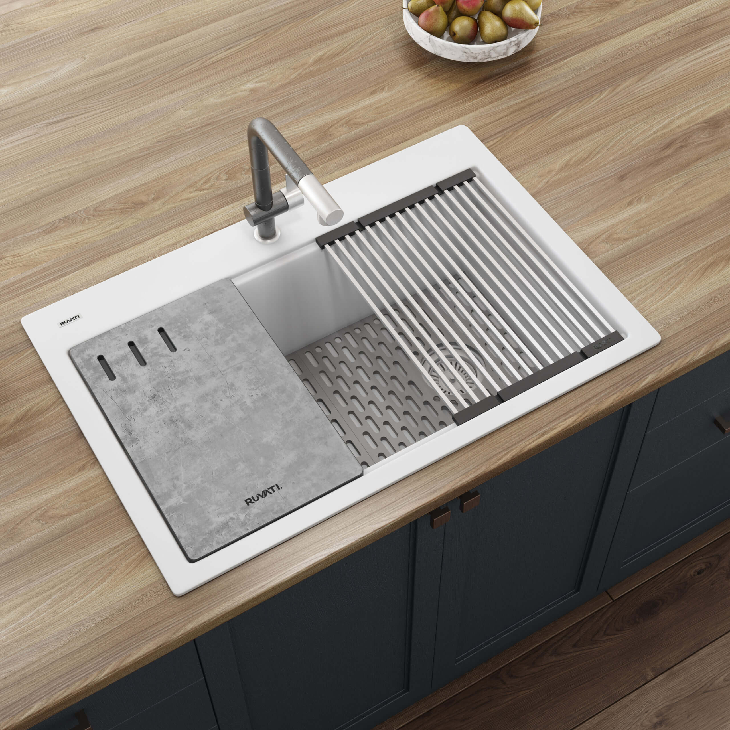 Alternate Image for Ruvati epiStage 33" Drop-in Topmount Granite Composite Workstation Kitchen Sink, Arctic White, RVG1302WH