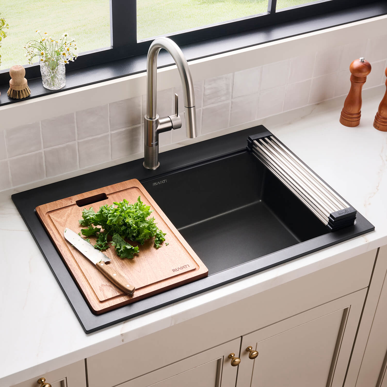 Ruvati epiGranite 33" Drop In Granite Composite Workstation Kitchen Sink, Midnight Black, RVG1303BK