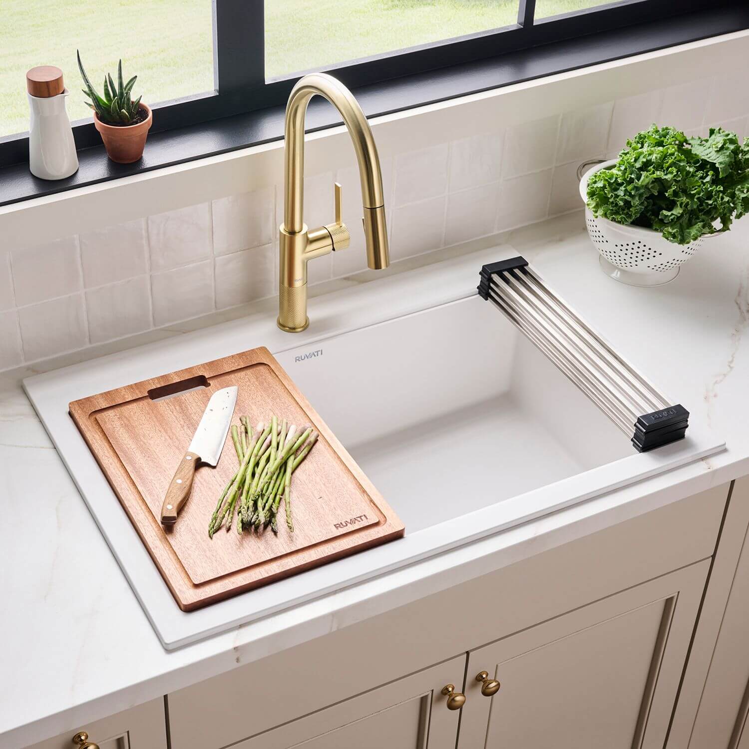 Ruvati epiGranite 33" Drop In Granite Composite Workstation Kitchen Sink, Arctic White Matte, RVG1303WH