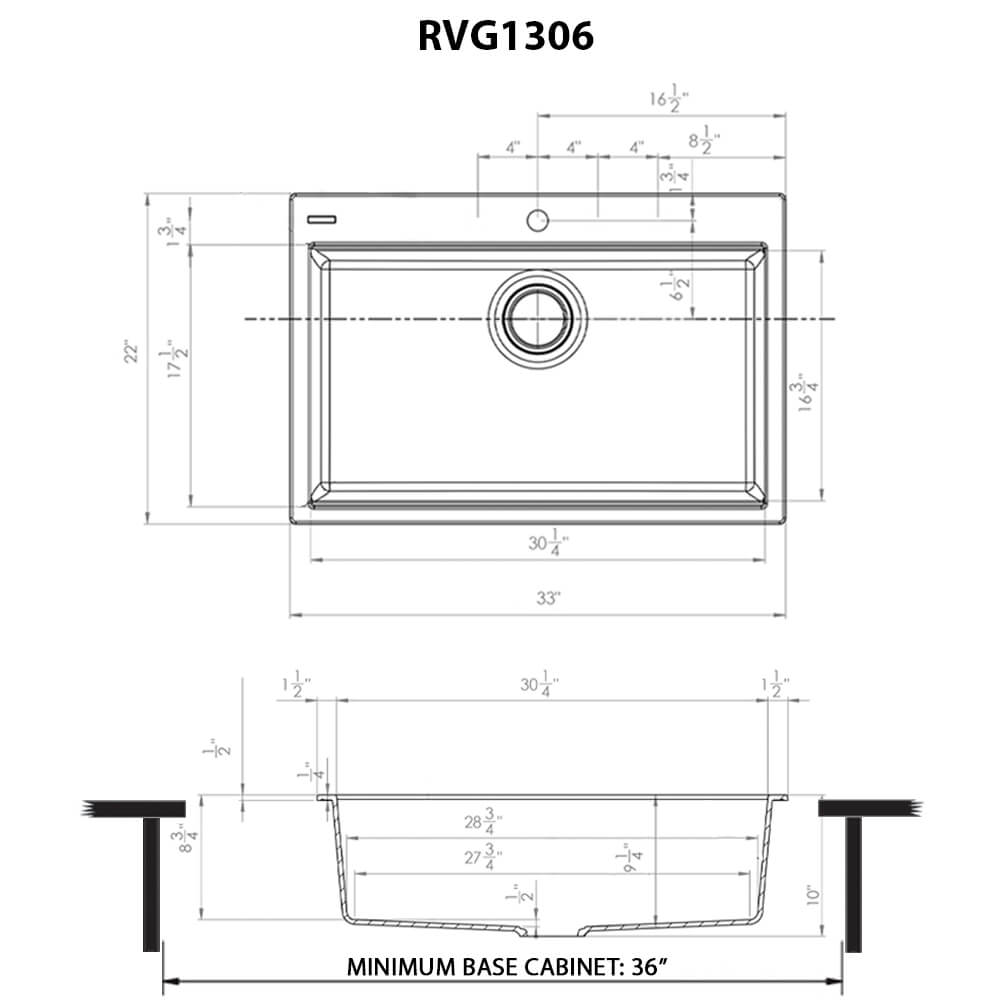 Dimensions Image for Ruvati epiStage 33-inch Granite Composite Workstation Drop-in Topmount Kitchen Sink Espresso, RVG1306ES
