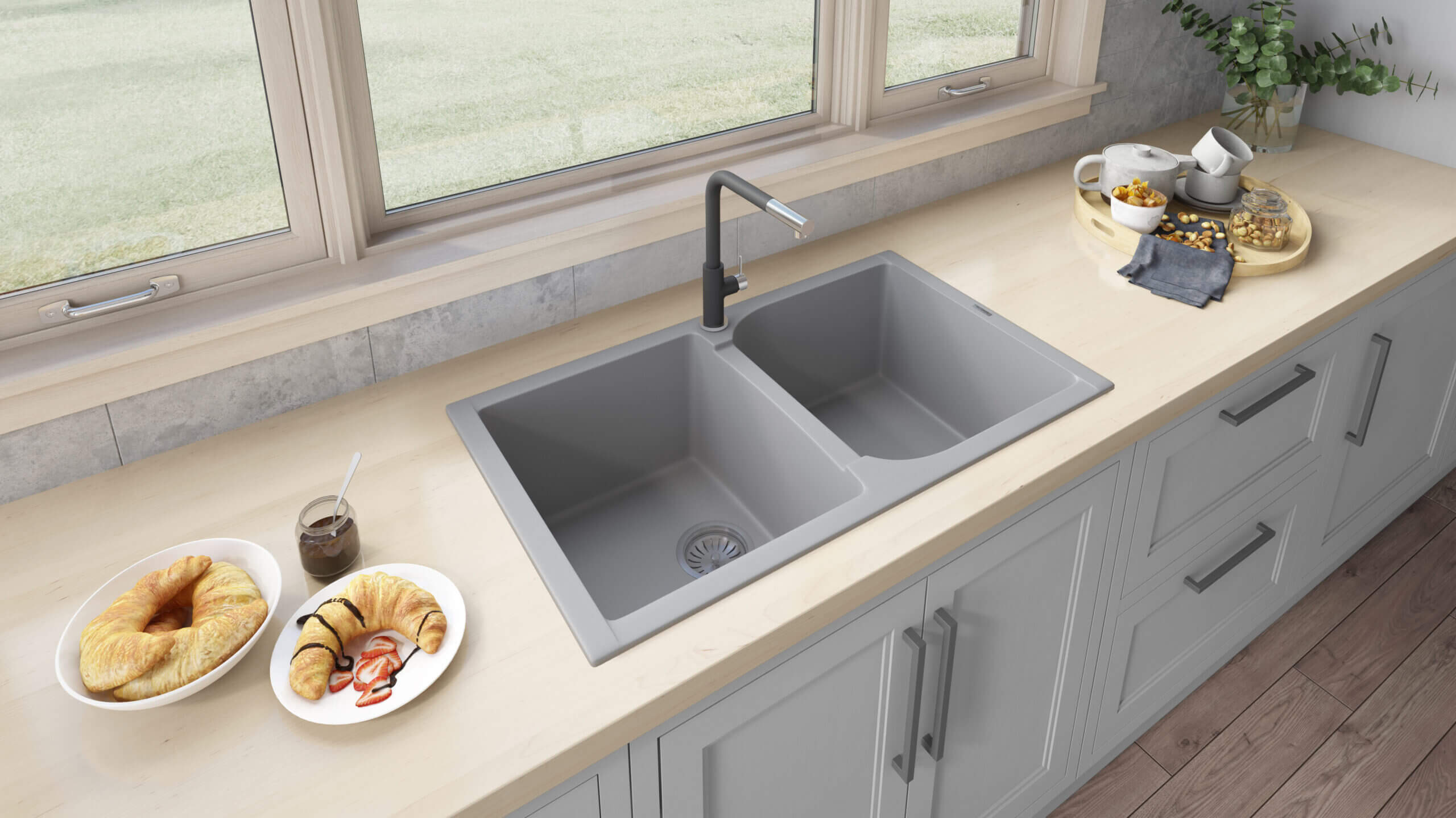 Alternate Image for Ruvati epiGranite 34" Dual-Mount Granite Composite Kitchen Sink, 50/50 Double Bowl, Silver Gray, RVG1319GR