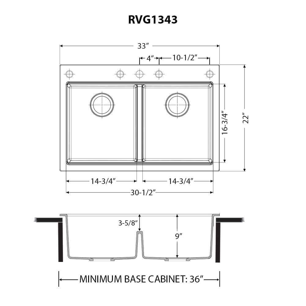 Ruvati epiGranite 33" Drop In Granite Composite Workstation Kitchen Sink, 50/50 Double Bowl, Midnight Black, RVG1343BK Product Image