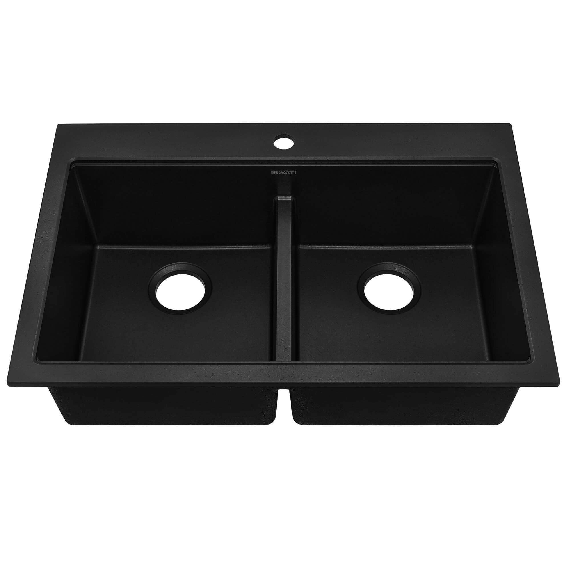 Ruvati epiGranite 33" Drop In Granite Composite Workstation Kitchen Sink, 50/50 Double Bowl, Midnight Black, RVG1343BK Product Image
