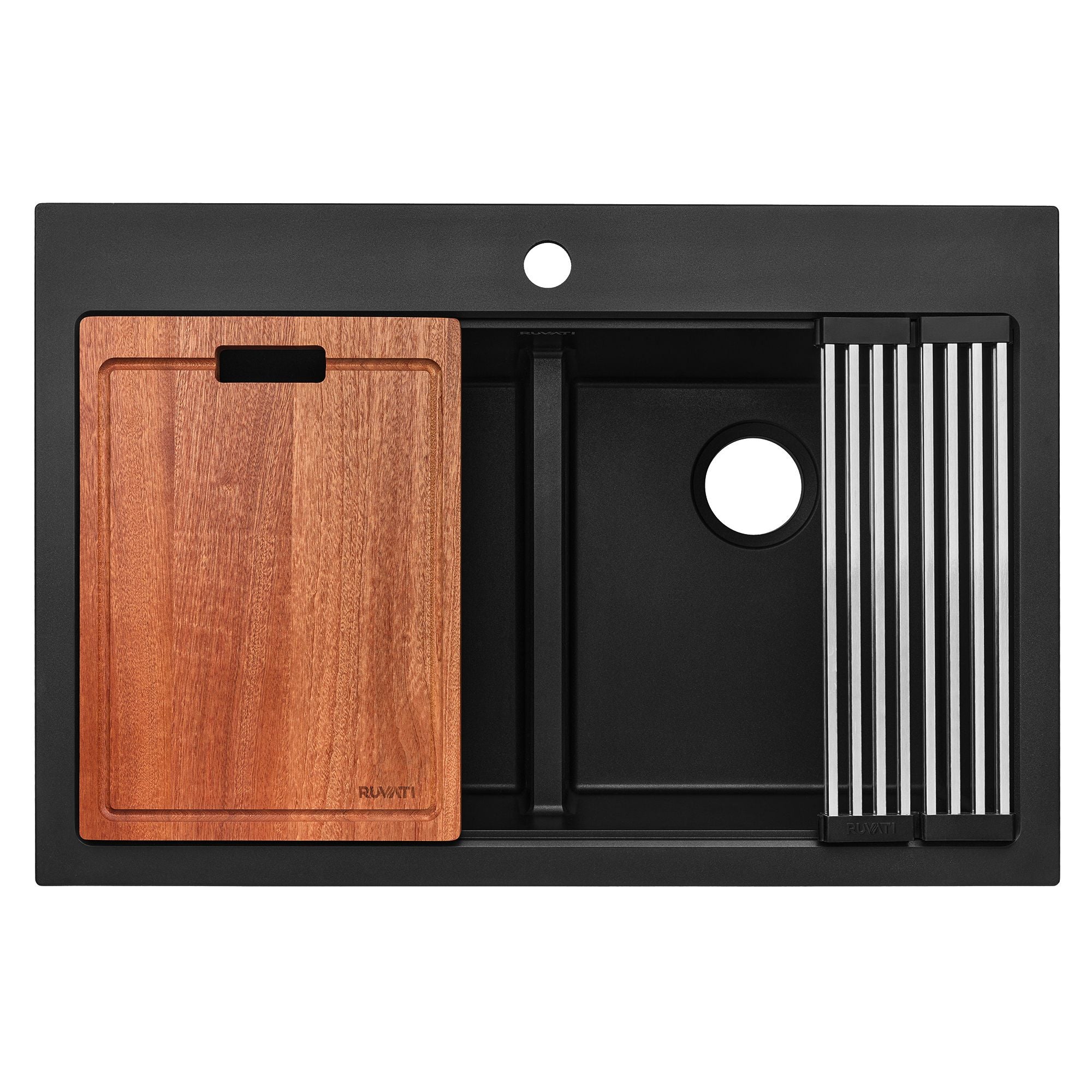 Ruvati epiGranite 33" Drop In Granite Composite Workstation Kitchen Sink, 50/50 Double Bowl, Midnight Black, RVG1343BK Product Image