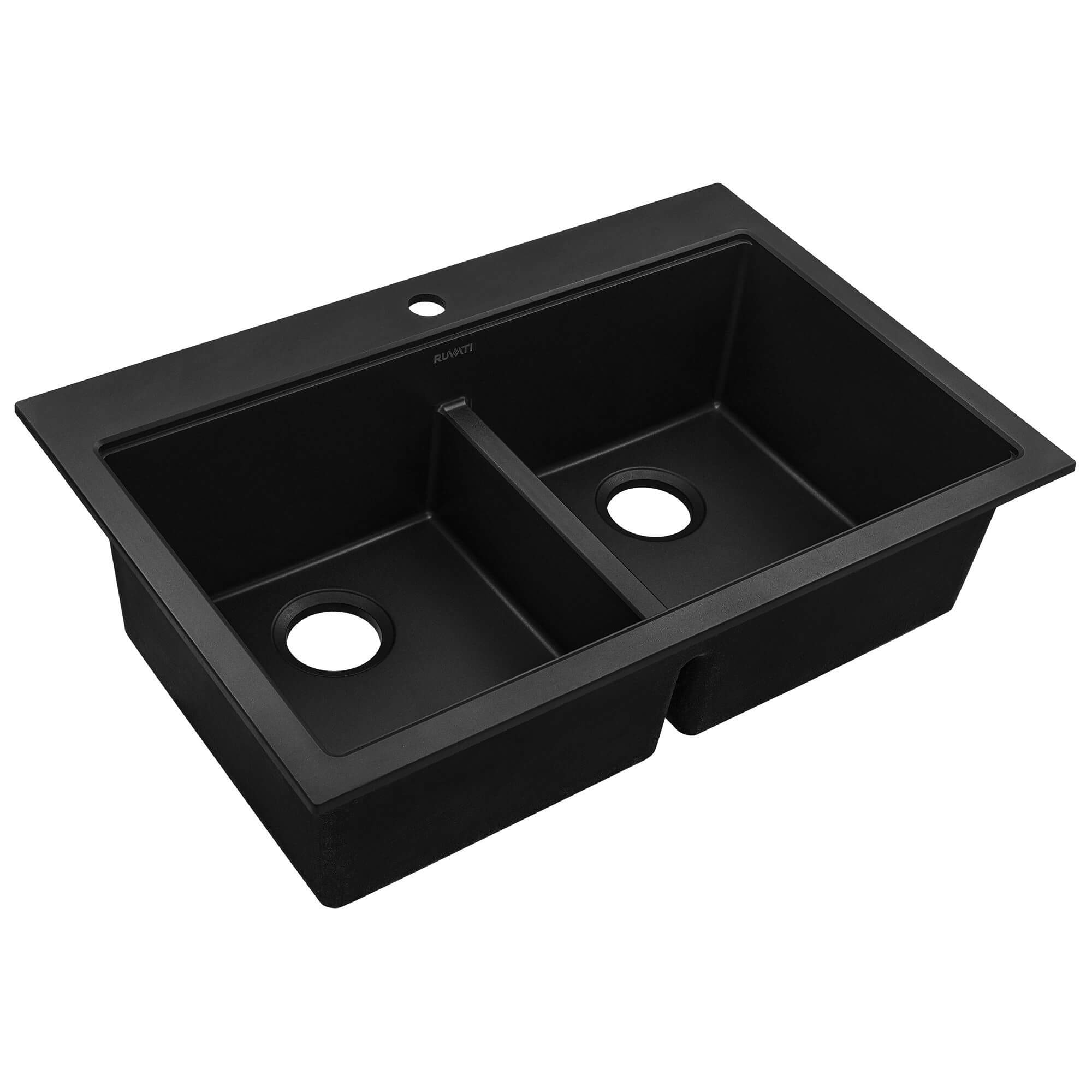 Ruvati epiGranite 33" Drop In Granite Composite Workstation Kitchen Sink, 50/50 Double Bowl, Midnight Black, RVG1343BK Product Image