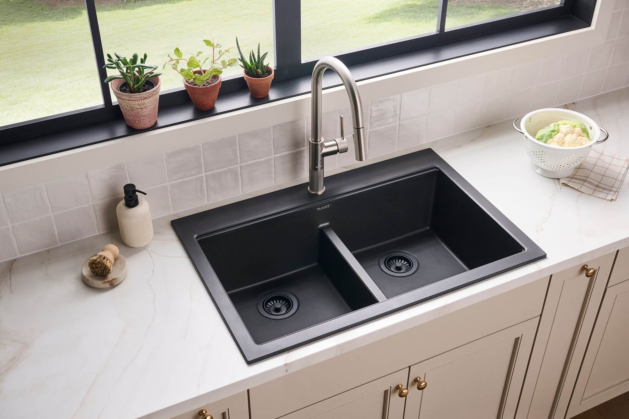 Ruvati epiGranite 33" Drop In Granite Composite Workstation Kitchen Sink, 50/50 Double Bowl, Midnight Black, RVG1343BK Product Image