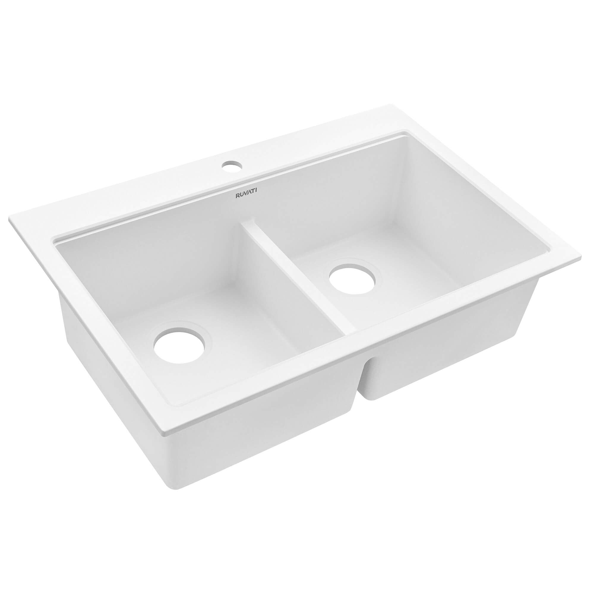 Ruvati epiGranite 33" Drop In Granite Composite Workstation Kitchen Sink, 50/50 Double Bowl, Arctic White Matte, RVG1343WH Product Image
