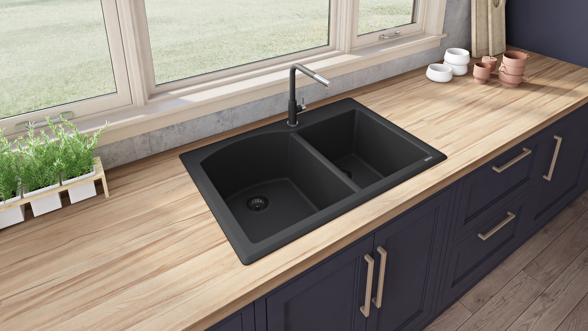 Alternate Image for Ruvati epiGranite 33" Dual-Mount Granite Composite Kitchen Sink, 55/45 Double Bowl, Midnight Black, RVG1344BK