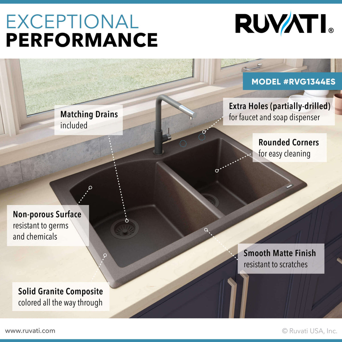 Alternate Image for Ruvati epiGranite 33" Dual-Mount Granite Composite Kitchen Sink, 55/45 Double Bowl, Espresso / Coffee Brown, RVG1344ES