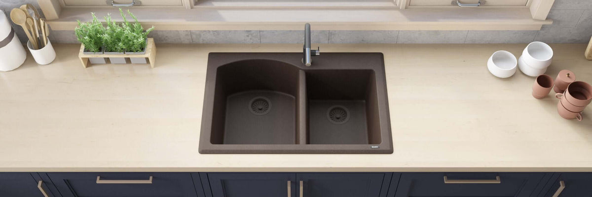 Alternate Image for Ruvati epiGranite 33" Dual-Mount Granite Composite Kitchen Sink, 55/45 Double Bowl, Espresso / Coffee Brown, RVG1344ES