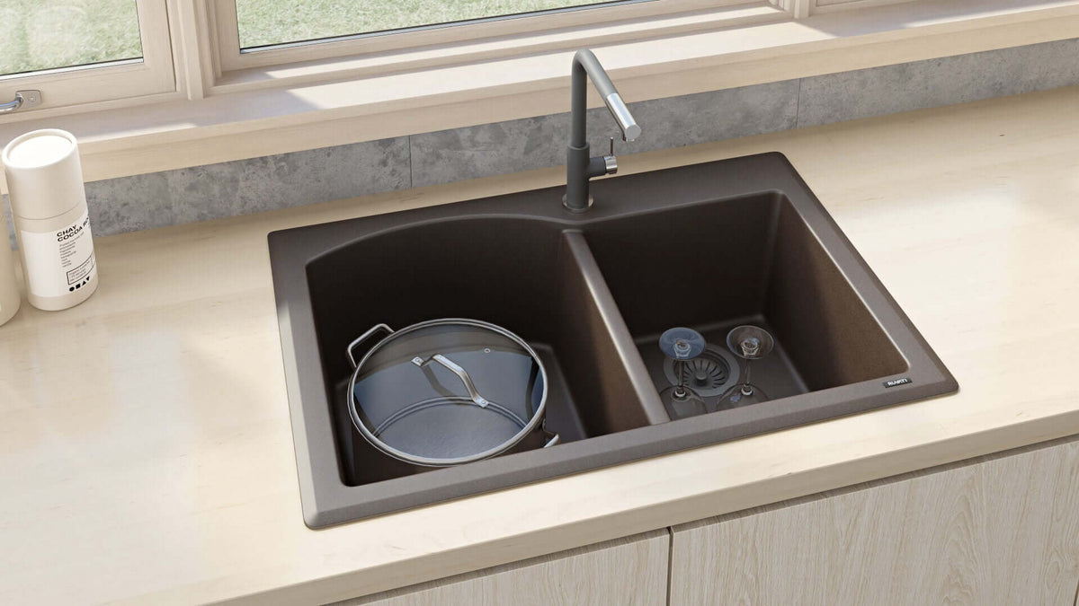 Alternate Image for Ruvati epiGranite 33" Dual-Mount Granite Composite Kitchen Sink, 55/45 Double Bowl, Espresso / Coffee Brown, RVG1344ES