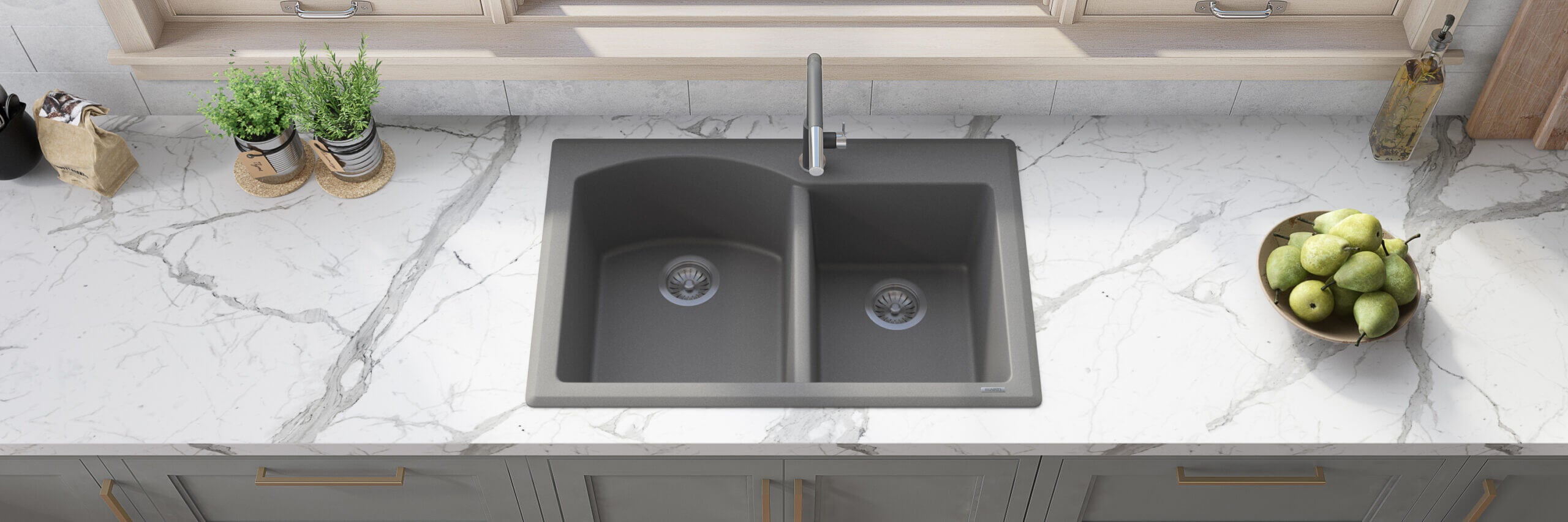 Alternate Image for Ruvati epiGranite 33" Dual-Mount Granite Composite Kitchen Sink, 55/45 Double Bowl, Urban Gray, RVG1344GR