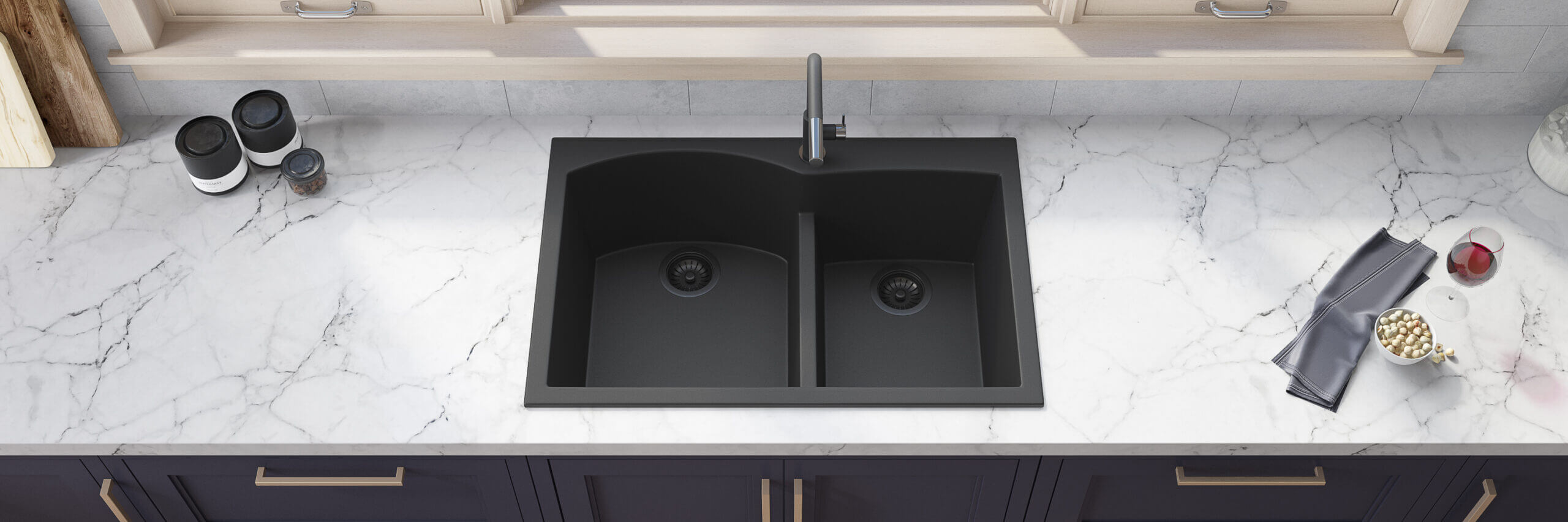 Alternate Image for Ruvati epiGranite 33" Drop-in Topmount Granite Composite Kitchen Sink, 55/45 Double Bowl, Midnight Black, RVG1345BK