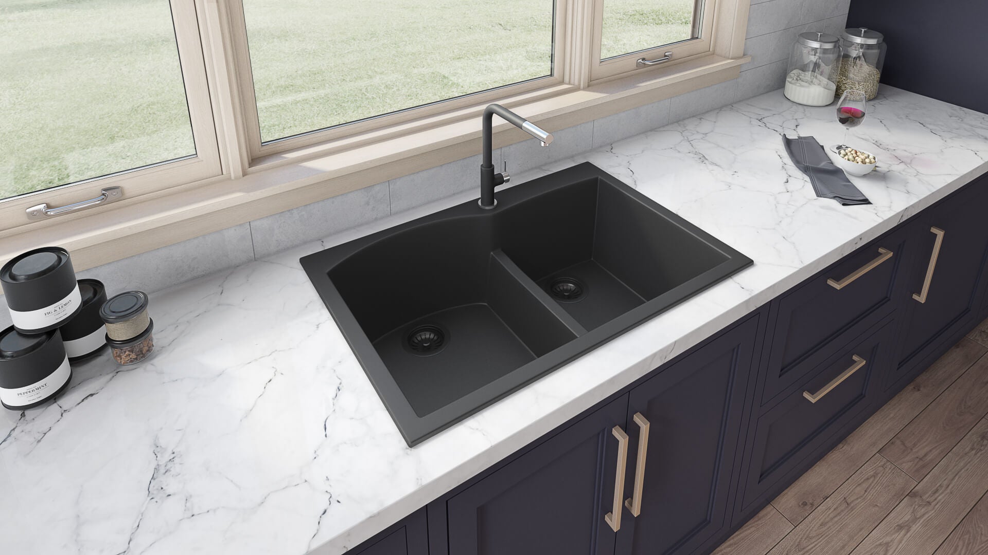 Alternate Image for Ruvati epiGranite 33" Drop-in Topmount Granite Composite Kitchen Sink, 55/45 Double Bowl, Midnight Black, RVG1345BK