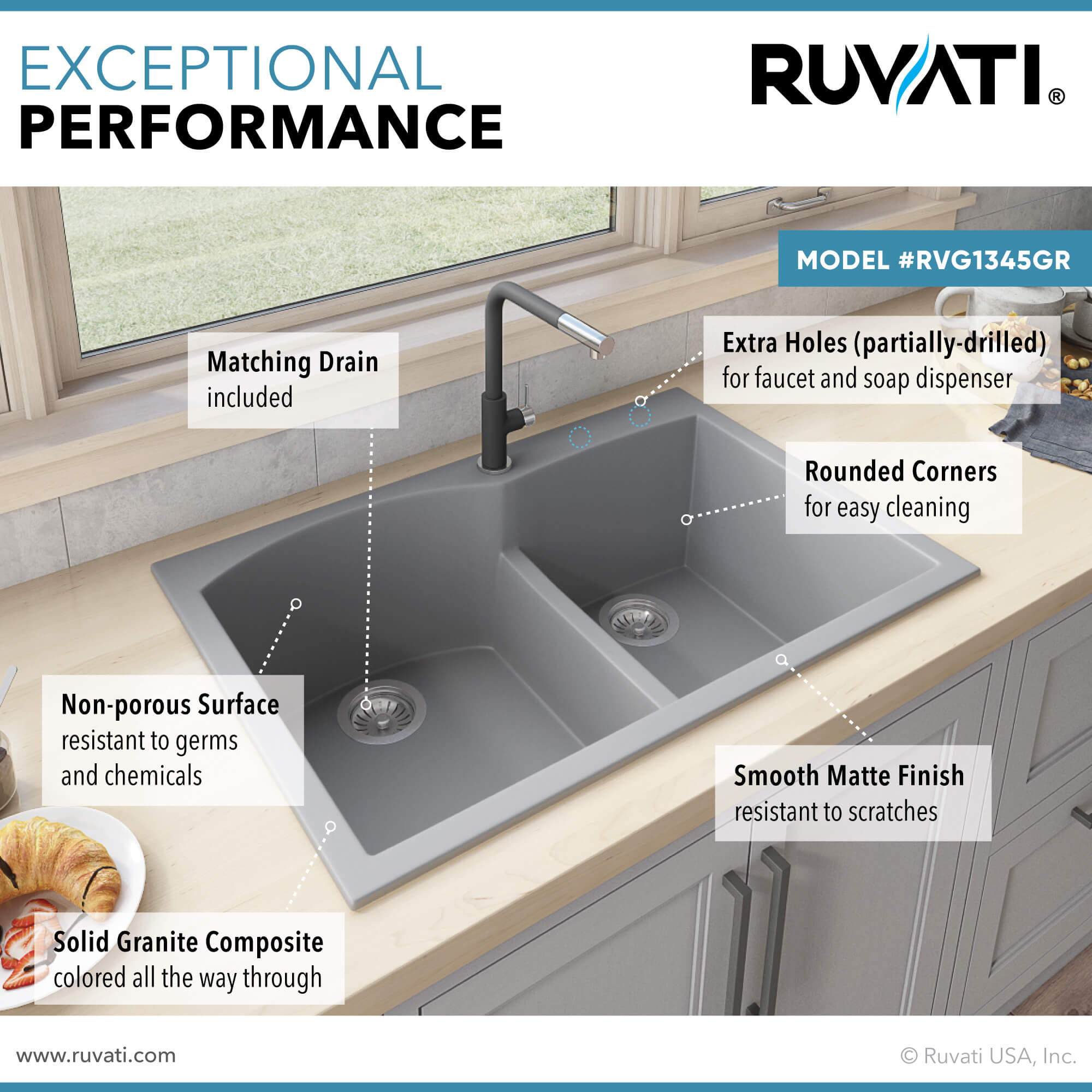 Alternate Image for Ruvati epiGranite 33" Drop-in Topmount Granite Composite Kitchen Sink, 55/45 Double Bowl, Silver Gray, RVG1345GR
