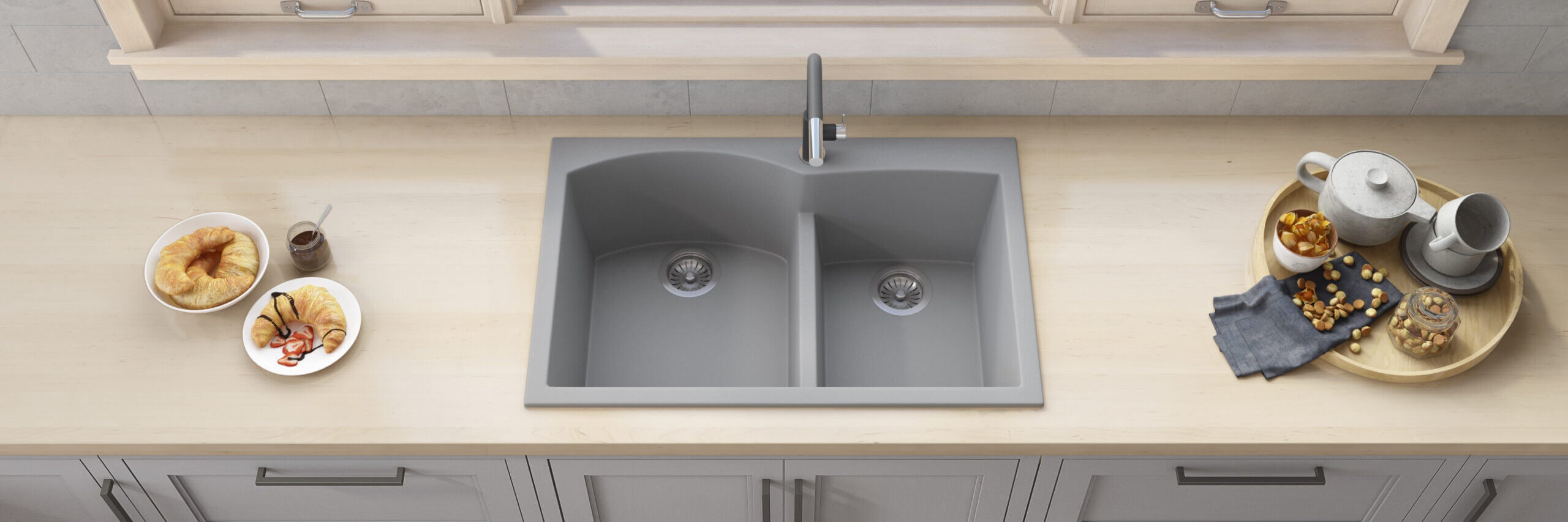 Alternate Image for Ruvati epiGranite 33" Drop-in Topmount Granite Composite Kitchen Sink, 55/45 Double Bowl, Silver Gray, RVG1345GR