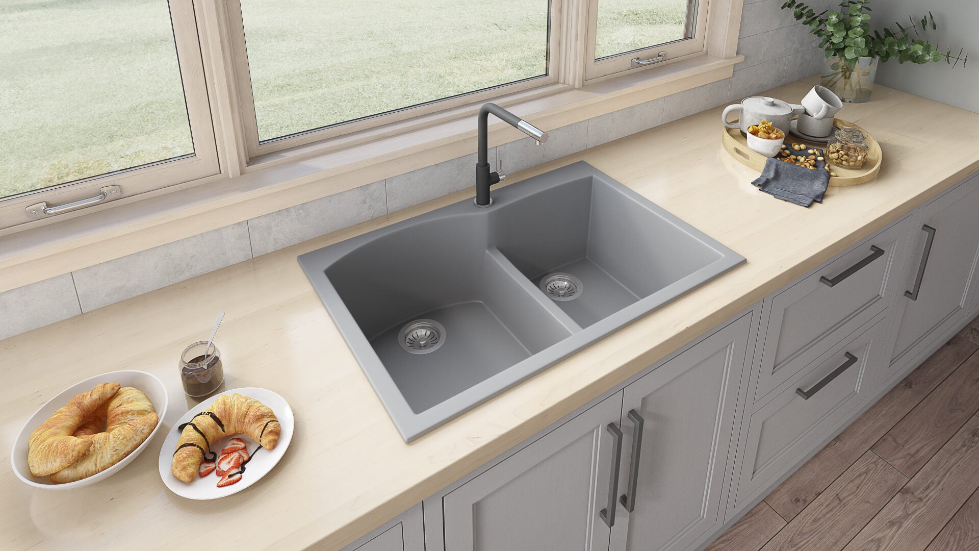 Alternate Image for Ruvati epiGranite 33" Drop-in Topmount Granite Composite Kitchen Sink, 55/45 Double Bowl, Silver Gray, RVG1345GR