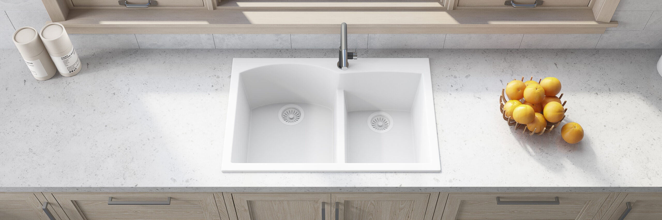 Alternate Image for Ruvati epiGranite 33" Drop-in Topmount Granite Composite Kitchen Sink, 55/45 Double Bowl, Arctic White, RVG1345WH
