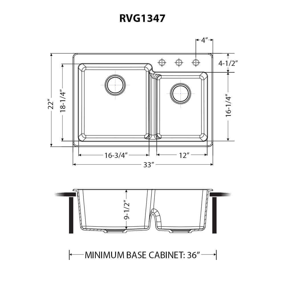 Ruvati epiGranite 33" Drop In Granite Composite Workstation Kitchen Sink, 60/40 Double Bowl, Midnight Black, RVG1347BK Product Image