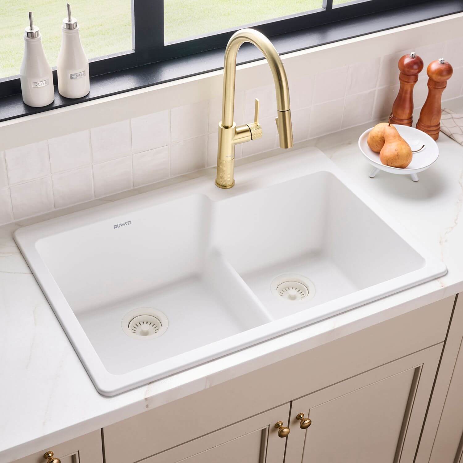 Ruvati epiGranite 33" Drop In Granite Composite Workstation Kitchen Sink, 60/40 Double Bowl, Arctic White Matte, RVG1347WH