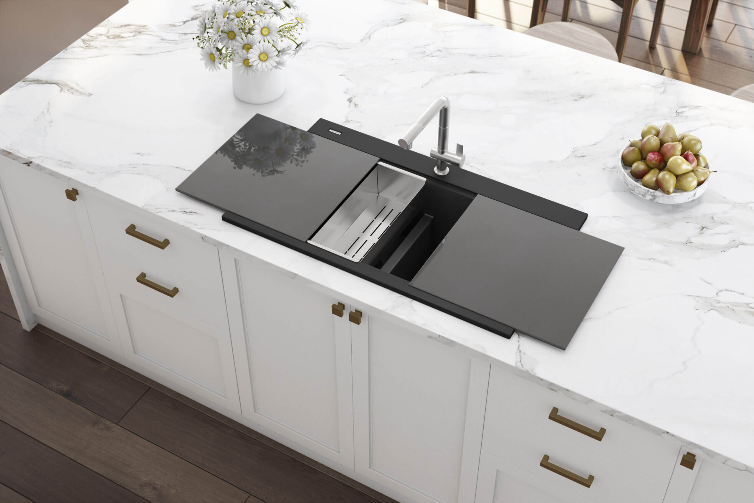 Alternate Image for Ruvati epiGranite 34" Drop In Granite Composite Workstation Kitchen Sink, 50/50 Midnight Black, RVG1350BK