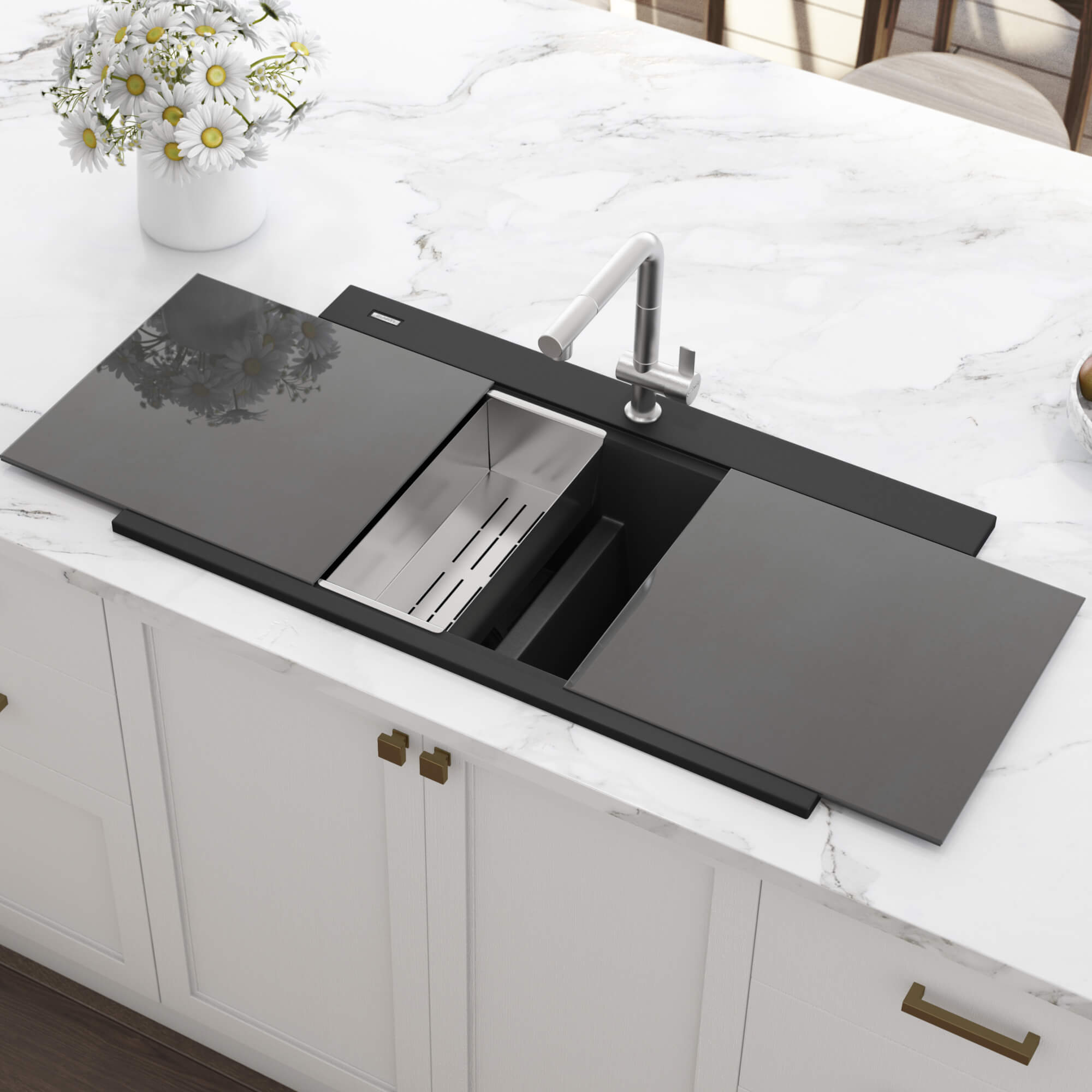 Alternate Image for Ruvati epiGranite 34" Drop In Granite Composite Workstation Kitchen Sink, 50/50 Midnight Black, RVG1350BK