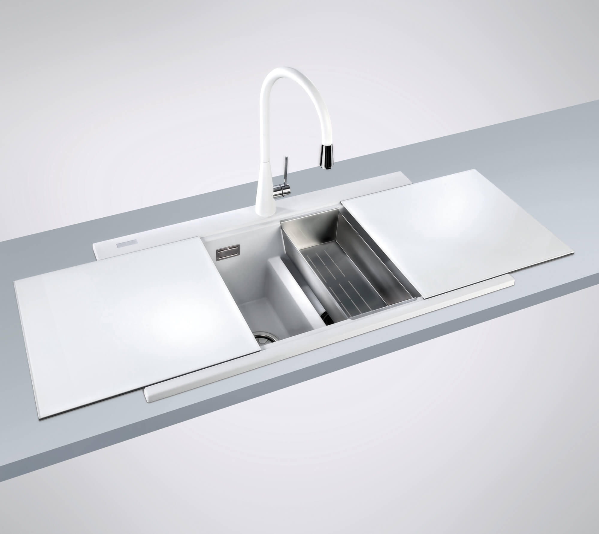 Alternate Image for Ruvati epiGranite 34" Drop In Granite Composite Workstation Kitchen Sink, 50/50 Arctic White, RVG1350WH