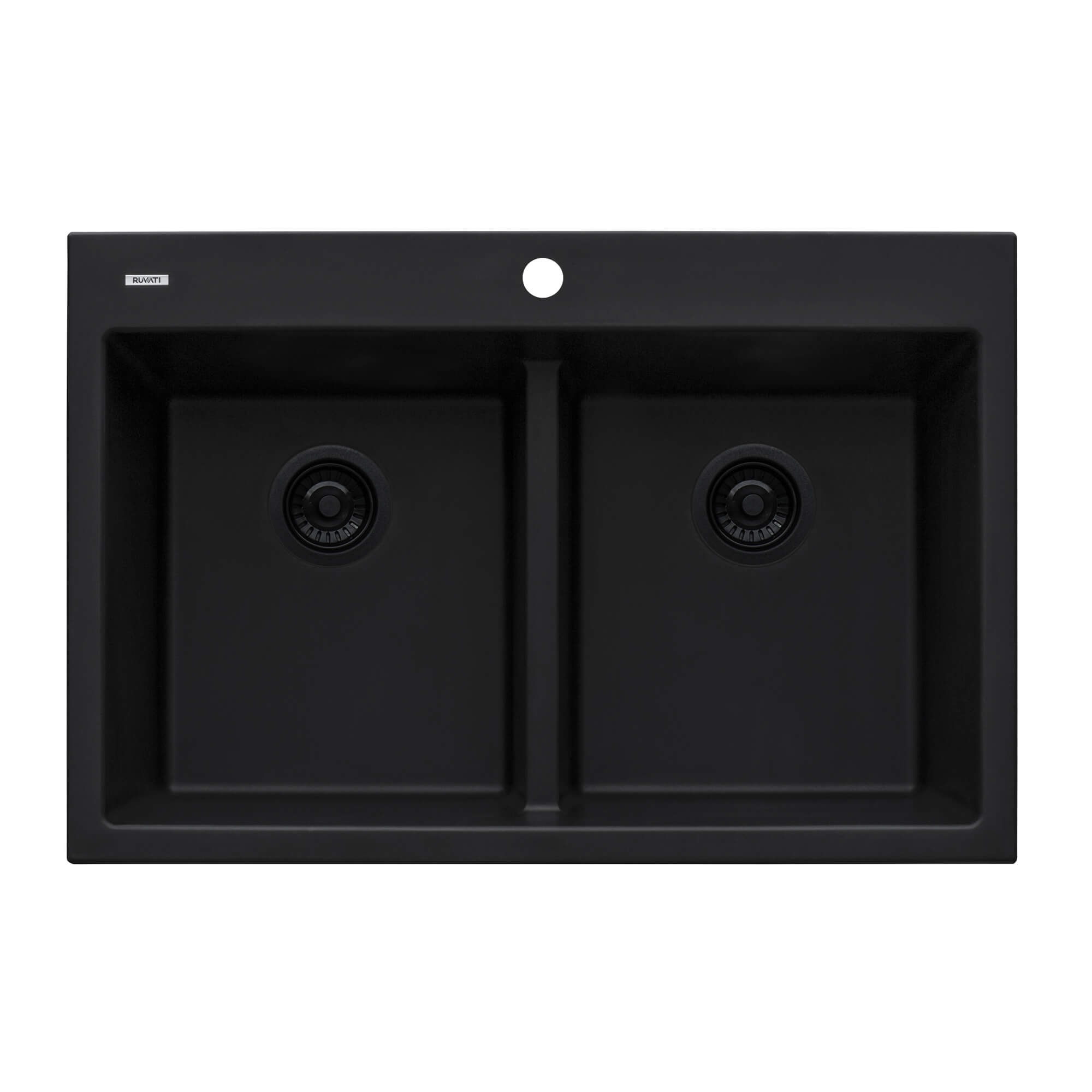 Alternative View of Ruvati epiGranite 33" Drop-in Topmount Granite Composite Kitchen Sink, 50/50 Low Divide Double Bowl, Midnight Black, RVG1385BK