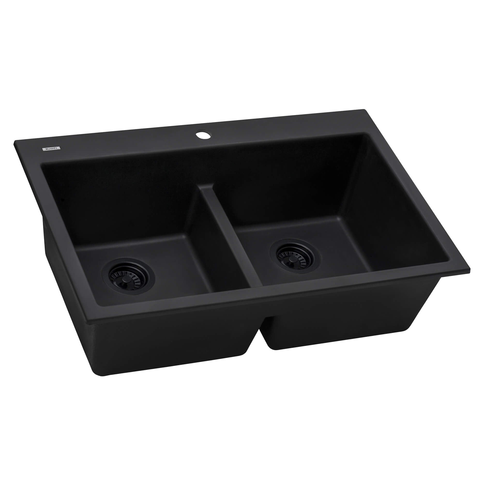Alternate Image for Ruvati epiGranite 33" Drop-in Topmount Granite Composite Kitchen Sink, 50/50 Low Divide Double Bowl, Midnight Black, RVG1385BK