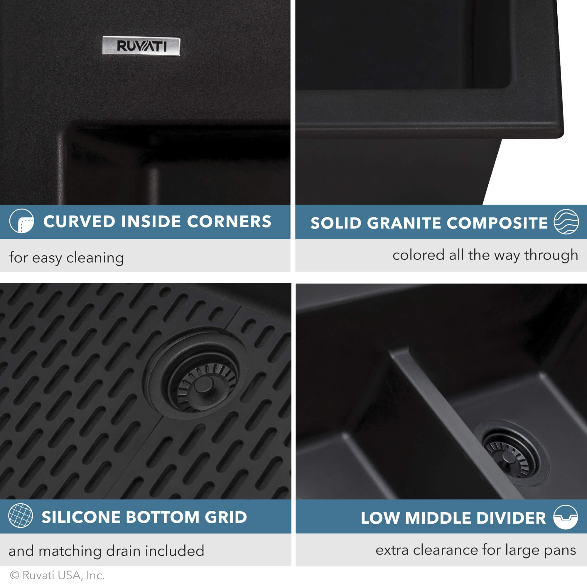 Alternate Image for Ruvati epiGranite 33" Drop-in Topmount Granite Composite Kitchen Sink, 50/50 Low Divide Double Bowl, Midnight Black, RVG1385BK