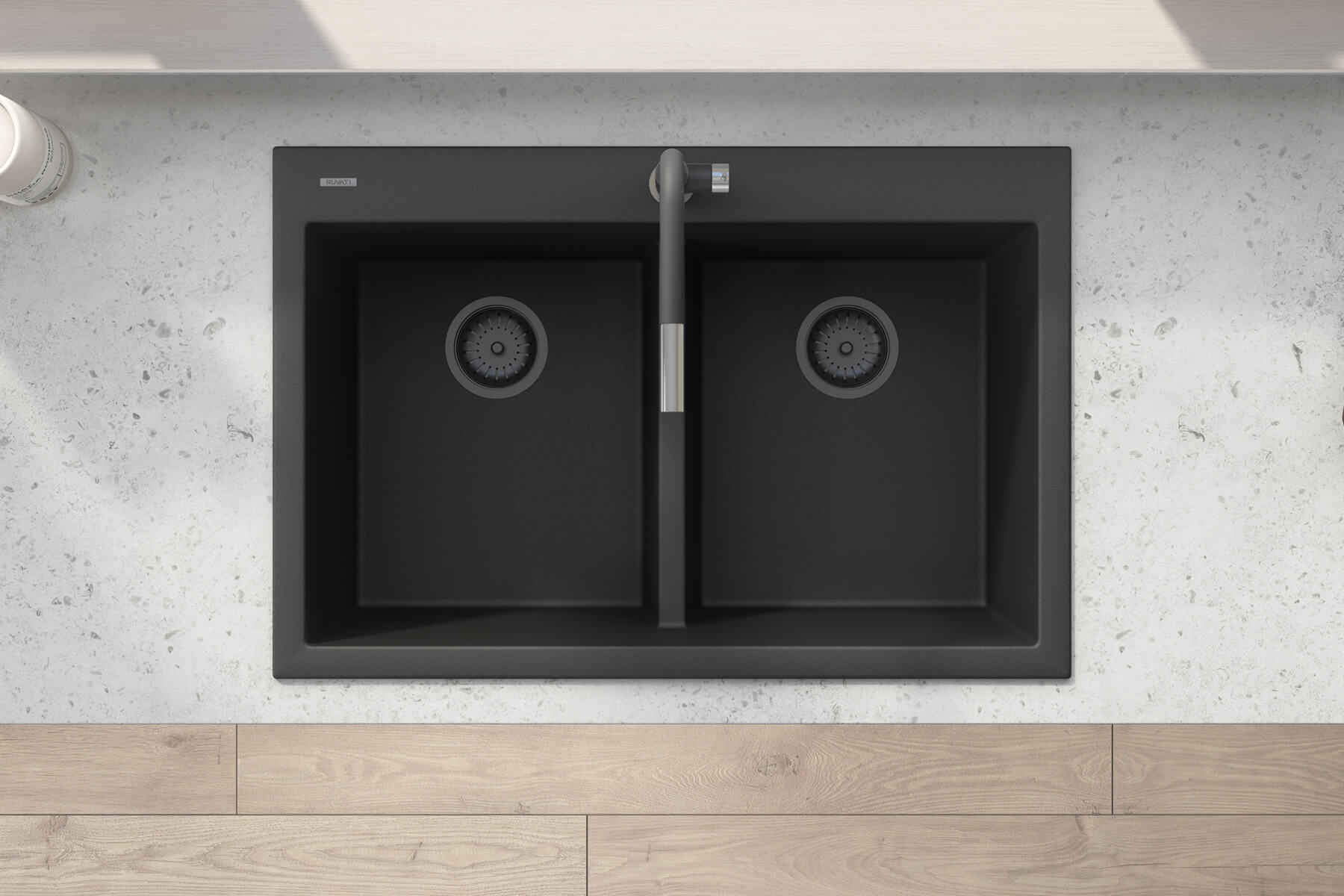 Alternate Image for Ruvati epiGranite 33" Drop-in Topmount Granite Composite Kitchen Sink, 50/50 Low Divide Double Bowl, Midnight Black, RVG1385BK