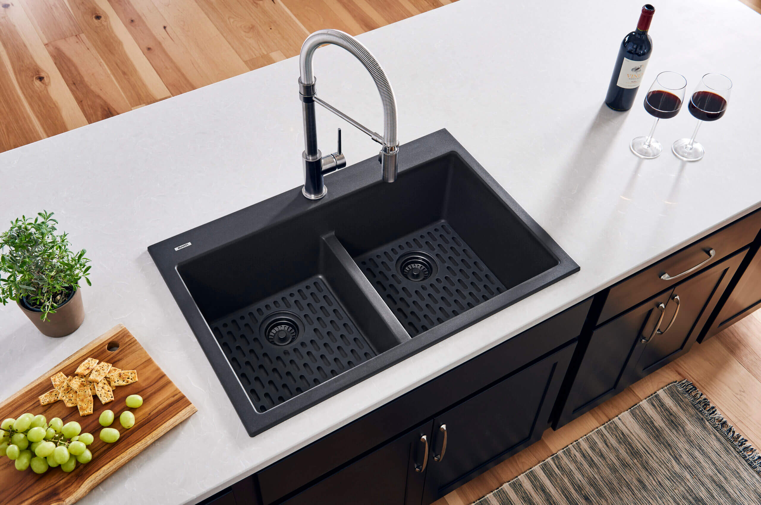 Alternate Image for Ruvati epiGranite 33" Drop-in Topmount Granite Composite Kitchen Sink, 50/50 Low Divide Double Bowl, Midnight Black, RVG1385BK