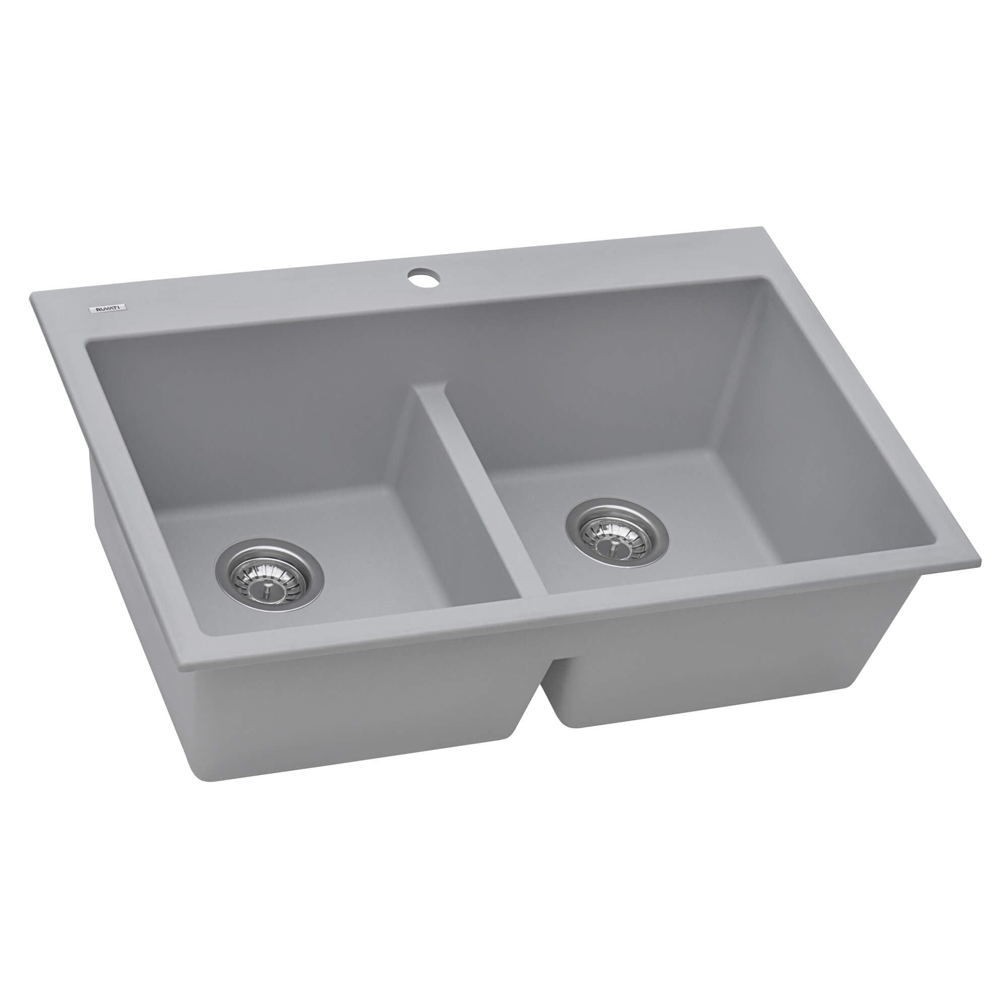 Alternate Image for Ruvati epiGranite 33" Drop-in Topmount Granite Composite Kitchen Sink, 50/50 Low Divide Double Bowl, Silver Gray, RVG1385GR