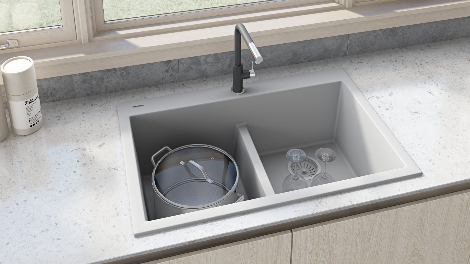 Alternate Image for Ruvati epiGranite 33" Drop-in Topmount Granite Composite Kitchen Sink, 50/50 Low Divide Double Bowl, Silver Gray, RVG1385GR