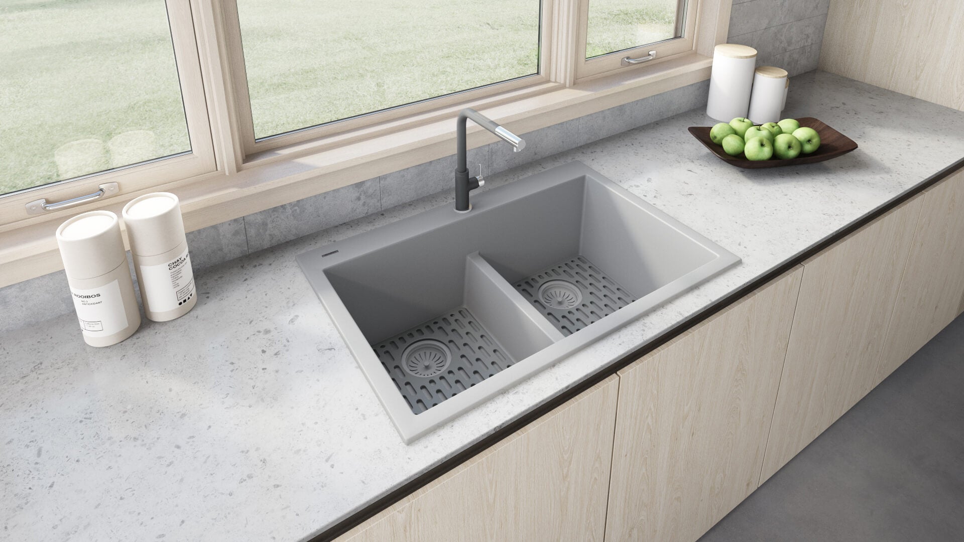 Alternate Image for Ruvati epiGranite 33" Drop-in Topmount Granite Composite Kitchen Sink, 50/50 Low Divide Double Bowl, Silver Gray, RVG1385GR