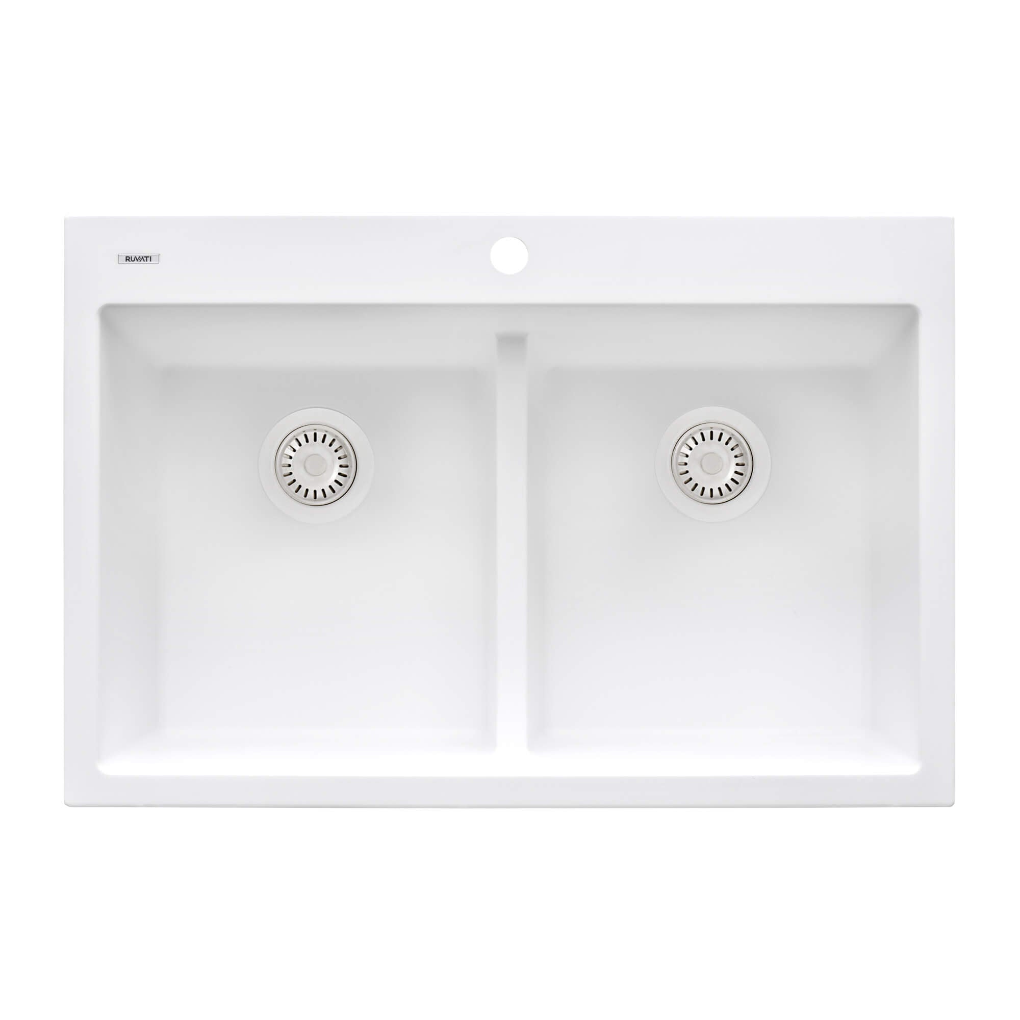Alternate Image for Ruvati epiGranite 33" Drop-in Topmount Granite Composite Kitchen Sink, 50/50 Low Divide Double Bowl, Arctic White, RVG1385WH