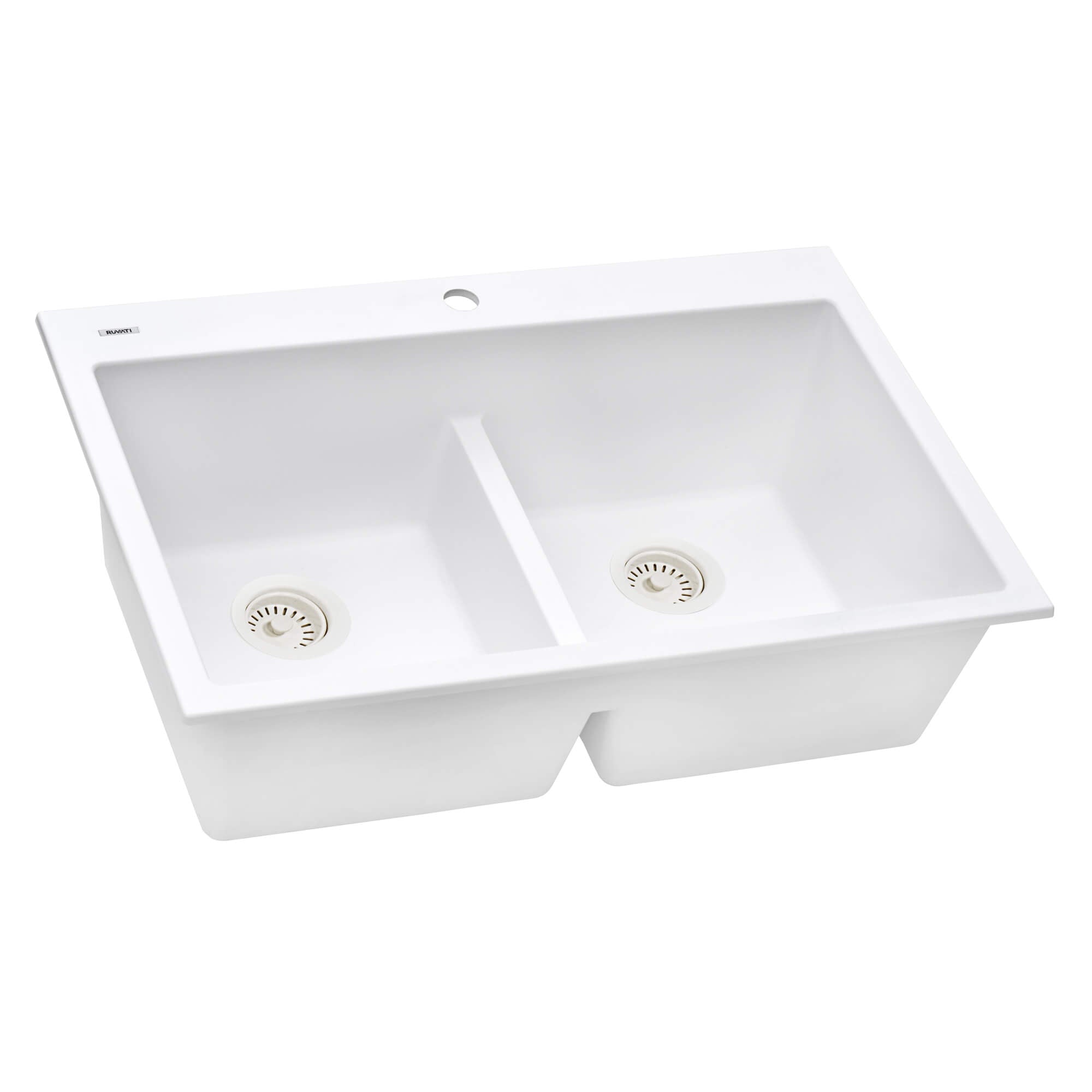 Alternate Image for Ruvati epiGranite 33" Drop-in Topmount Granite Composite Kitchen Sink, 50/50 Low Divide Double Bowl, Arctic White, RVG1385WH