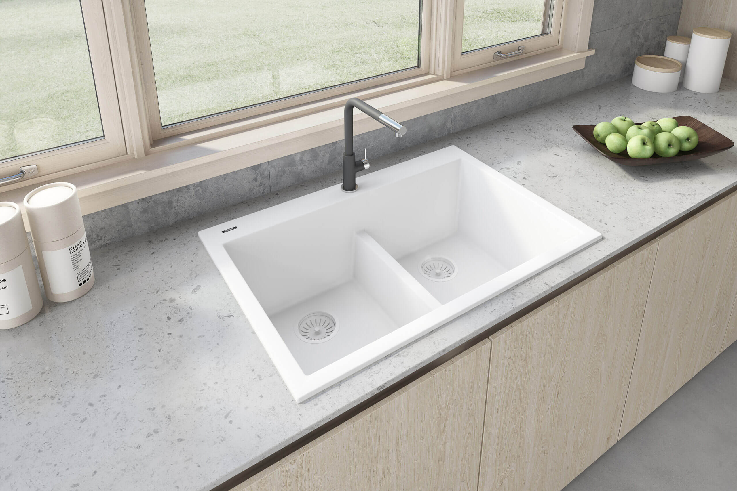 Alternate Image for Ruvati epiGranite 33" Drop-in Topmount Granite Composite Kitchen Sink, 50/50 Low Divide Double Bowl, Arctic White, RVG1385WH